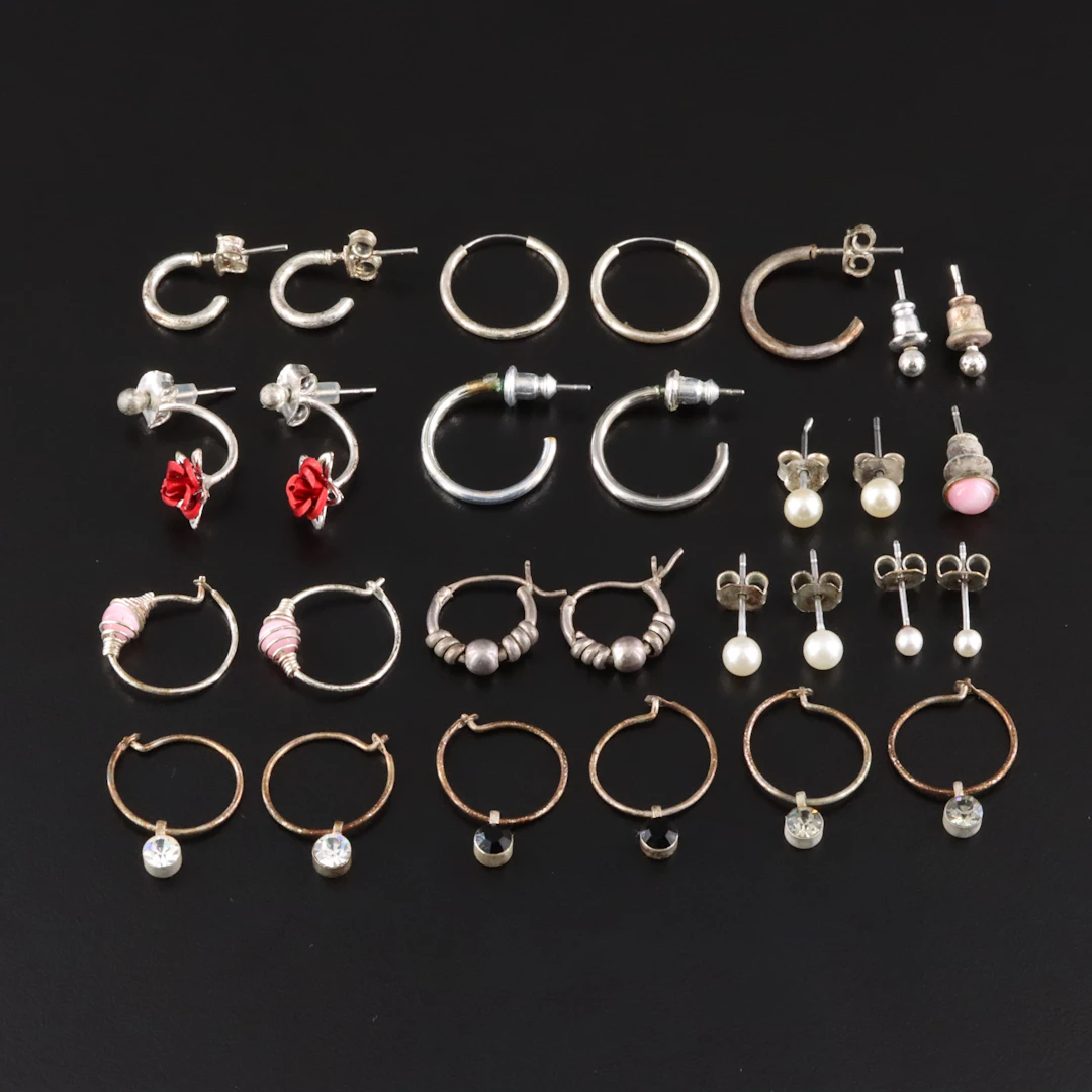 Collection of Pearl and Rhinestone Hoop & Stud Earrings