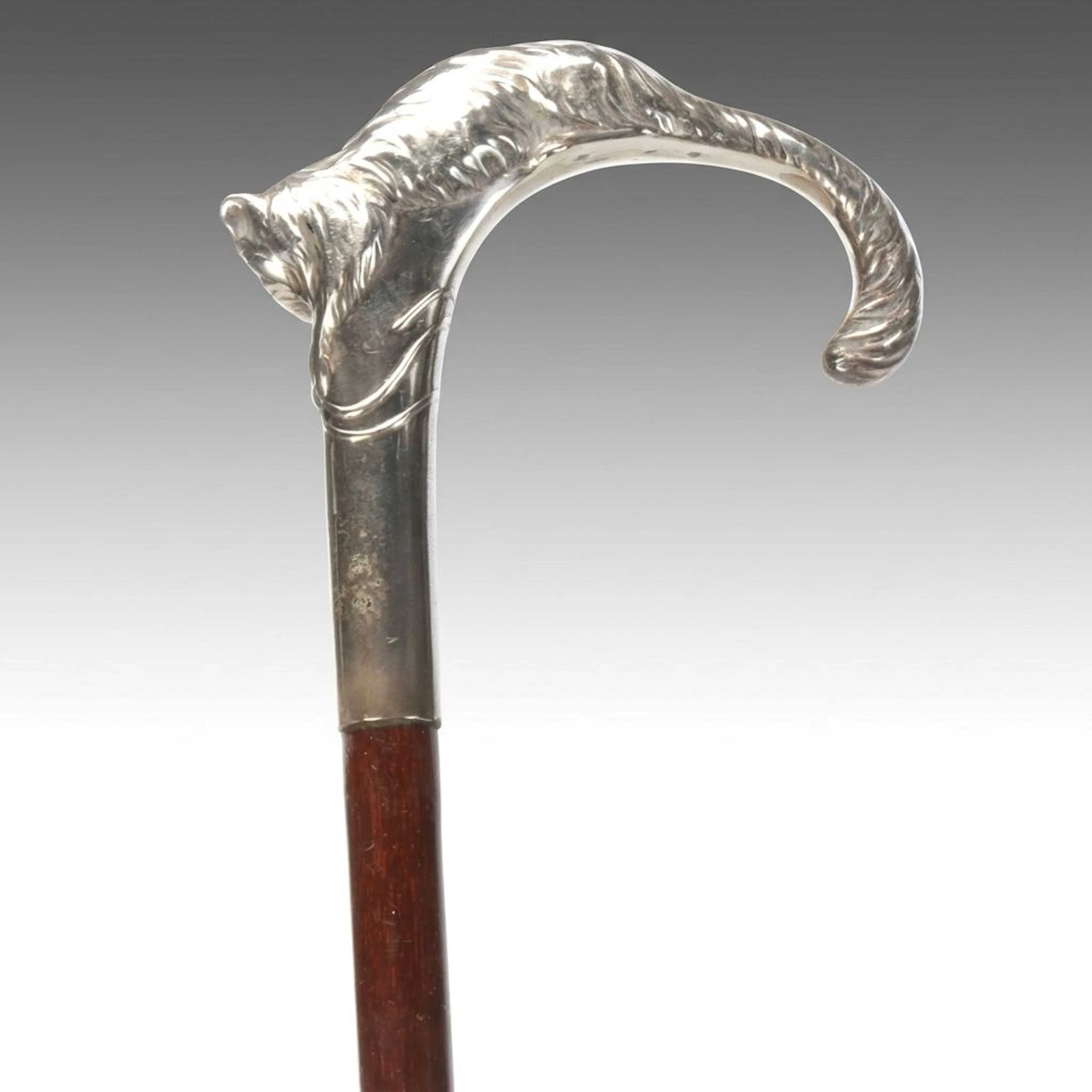 Silver Plate Cat Handled Wood Walking Cane
