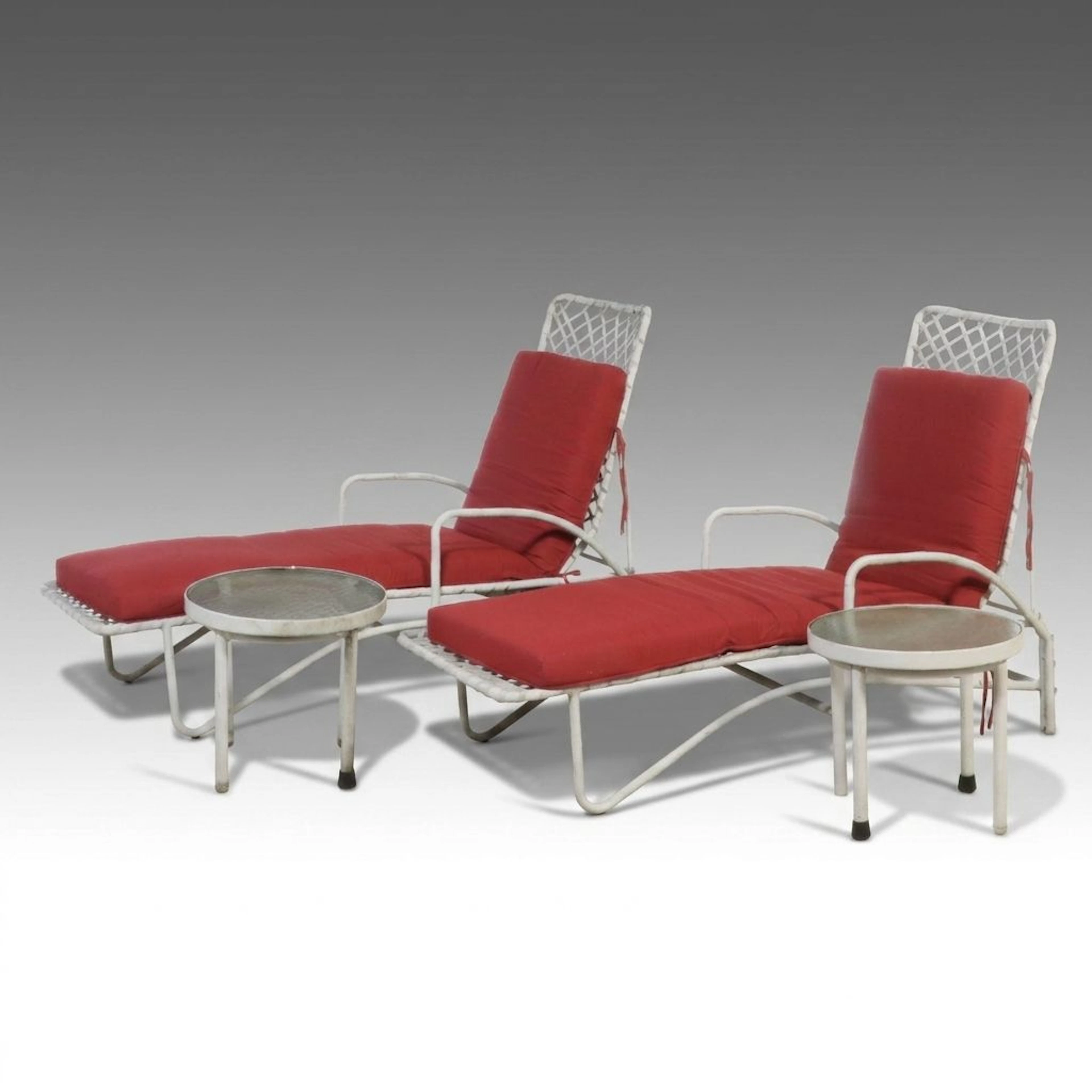 Pair of Brown Jordan Vinyl Strap Patio Chaise Lounges and End Tables
