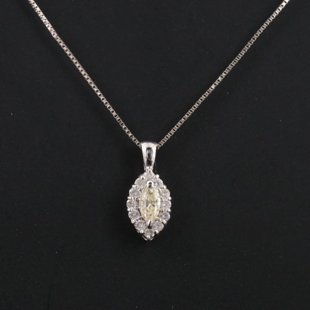 18K 0.36 CTW Diamond Navette Pendant with a 14K Box Chain Necklace