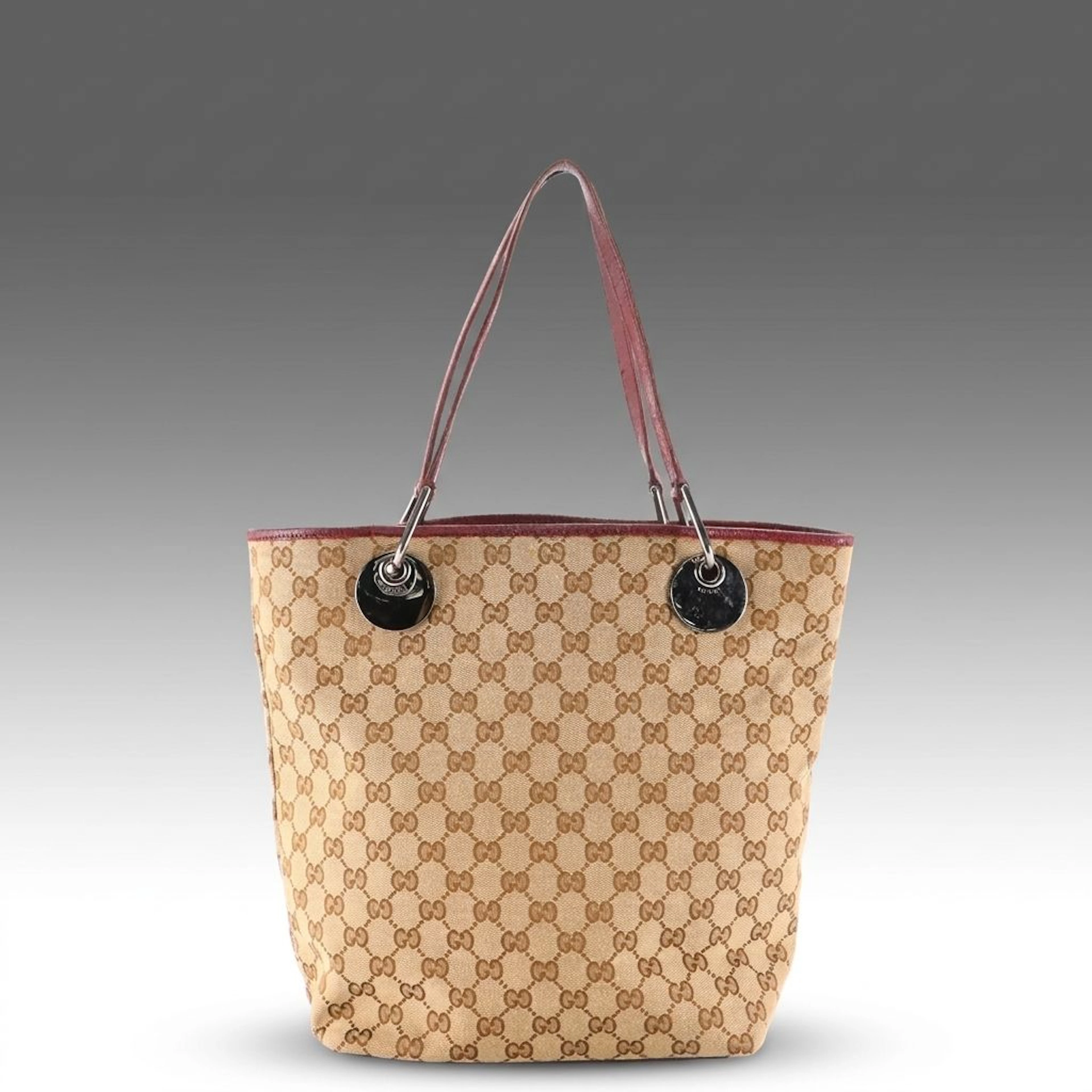 Gucci Eclipse Tote Bag in GG Canvas and Burgundy Leather