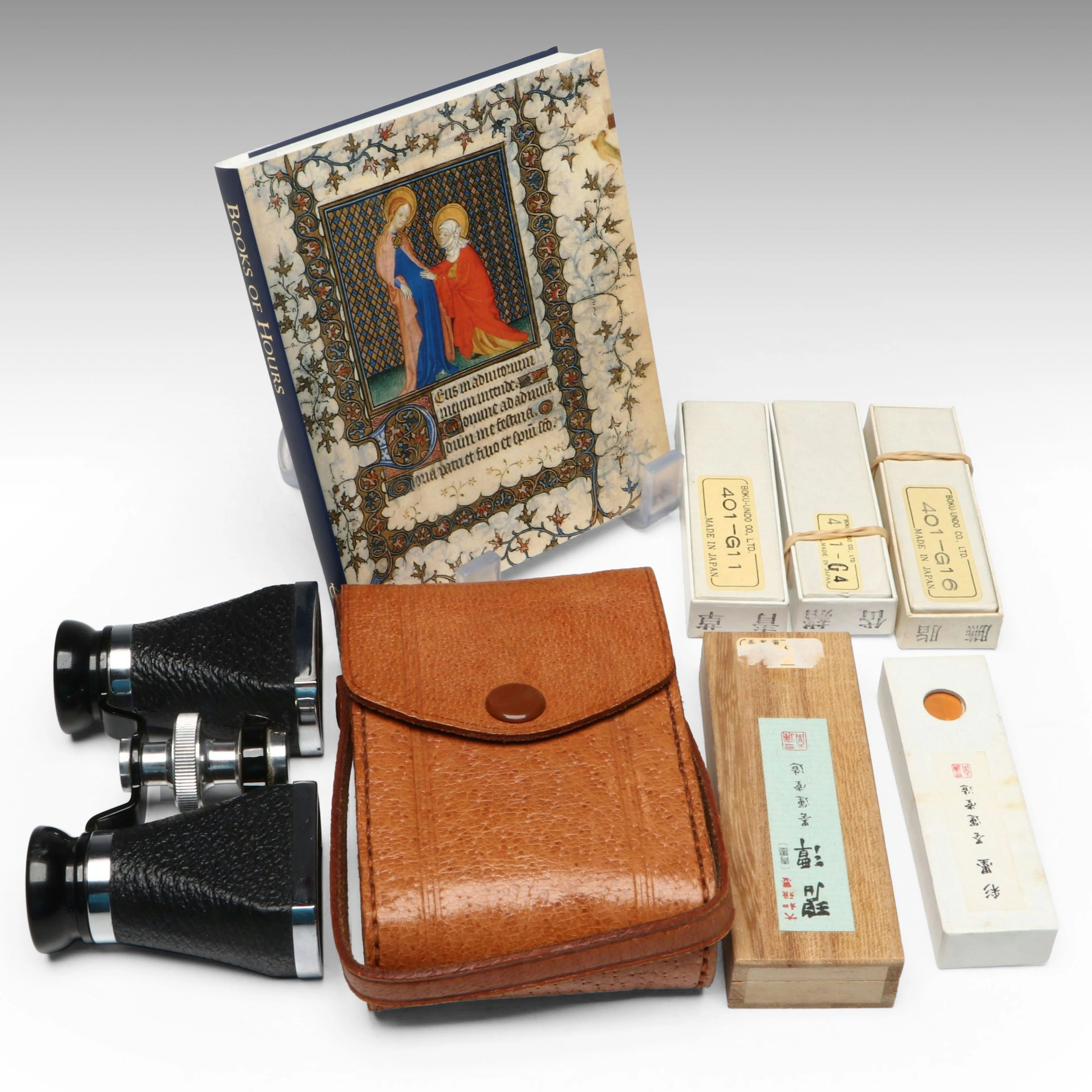 Japanese Ofuna Opera Glasses and Boku-Undo Ink Sticks with Medieval Art Book