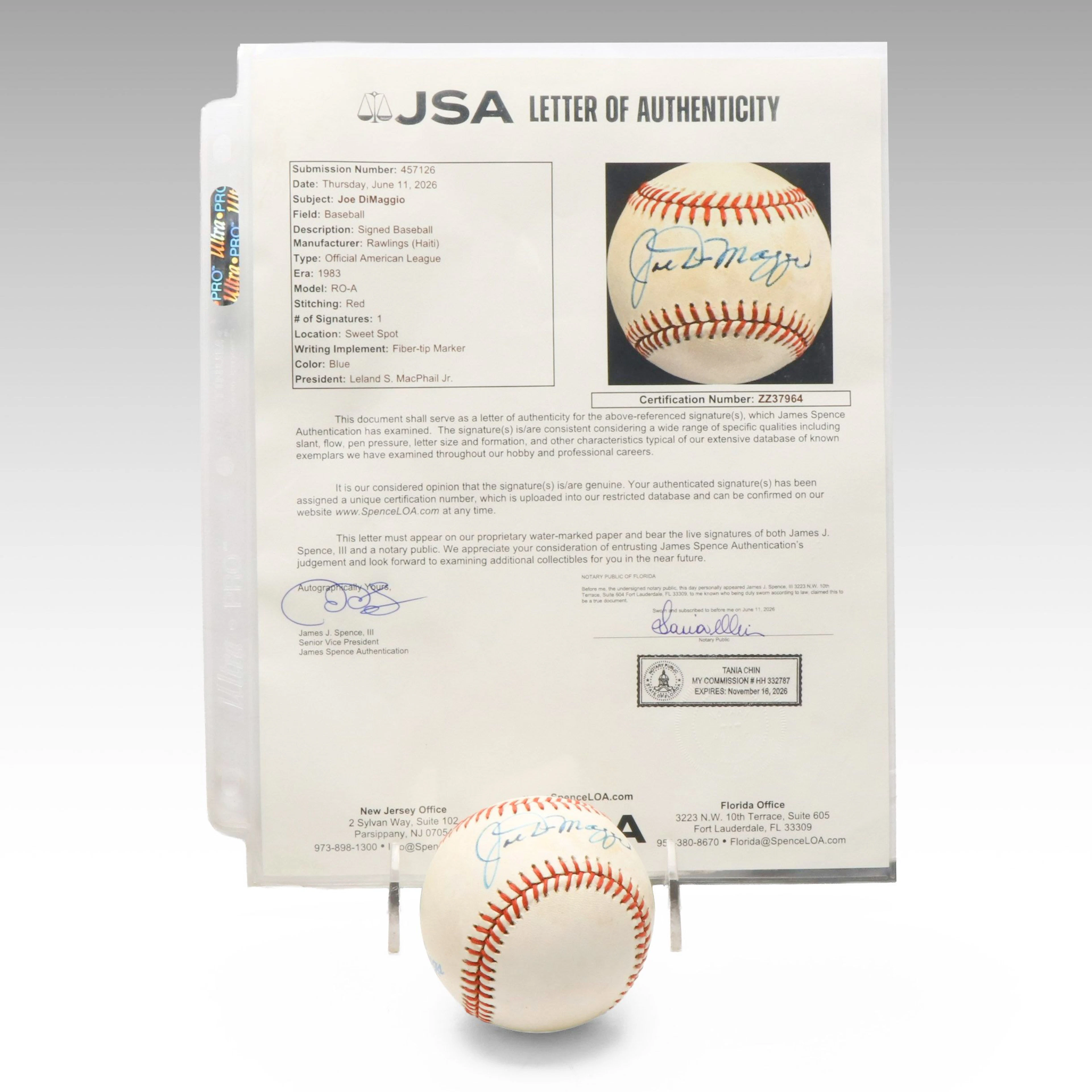 Joe DiMaggio Signed Rawlings Official American League Baseball, JSA