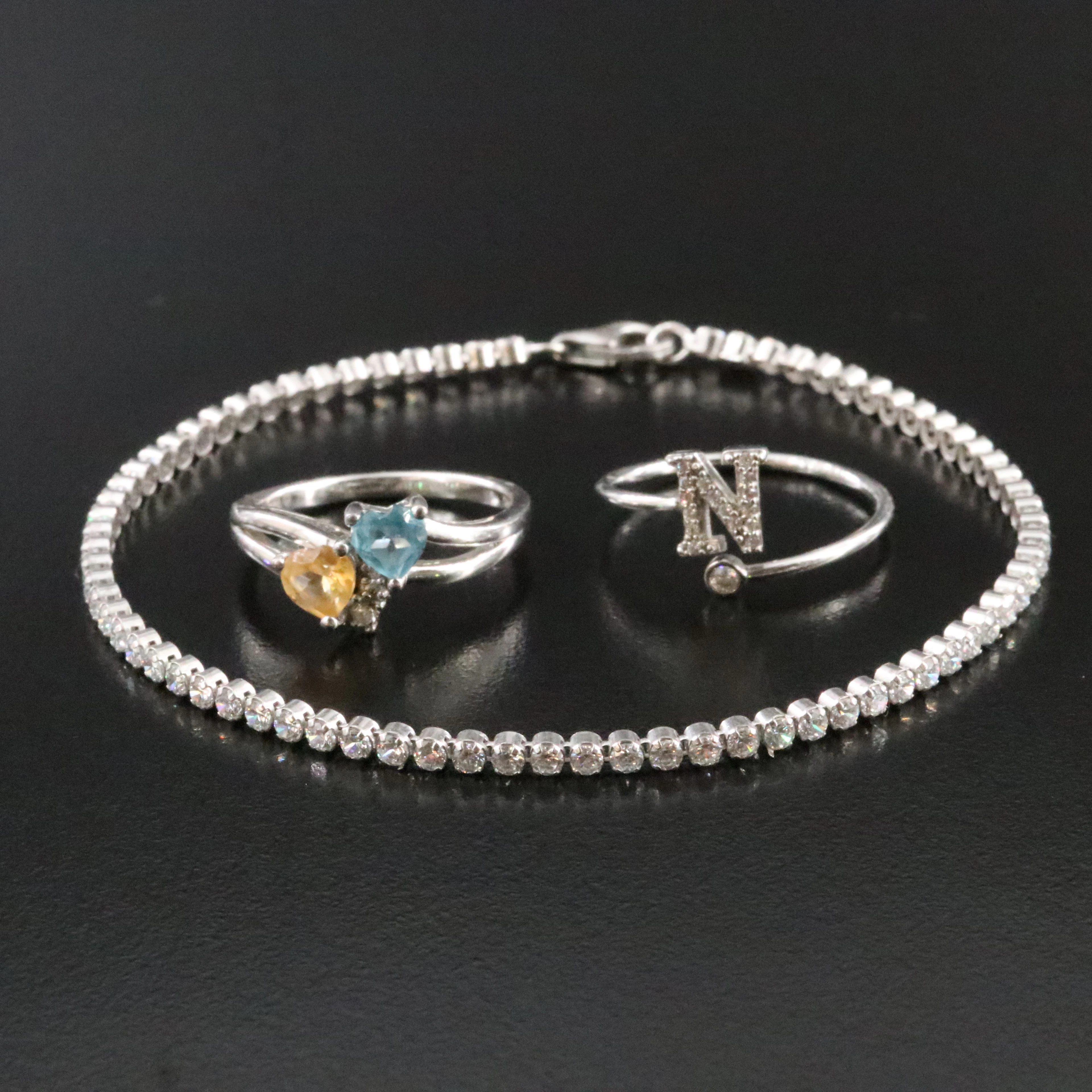 Sterling Line Bracelet, "N" and Citrine and Aquamarine Heart Rings