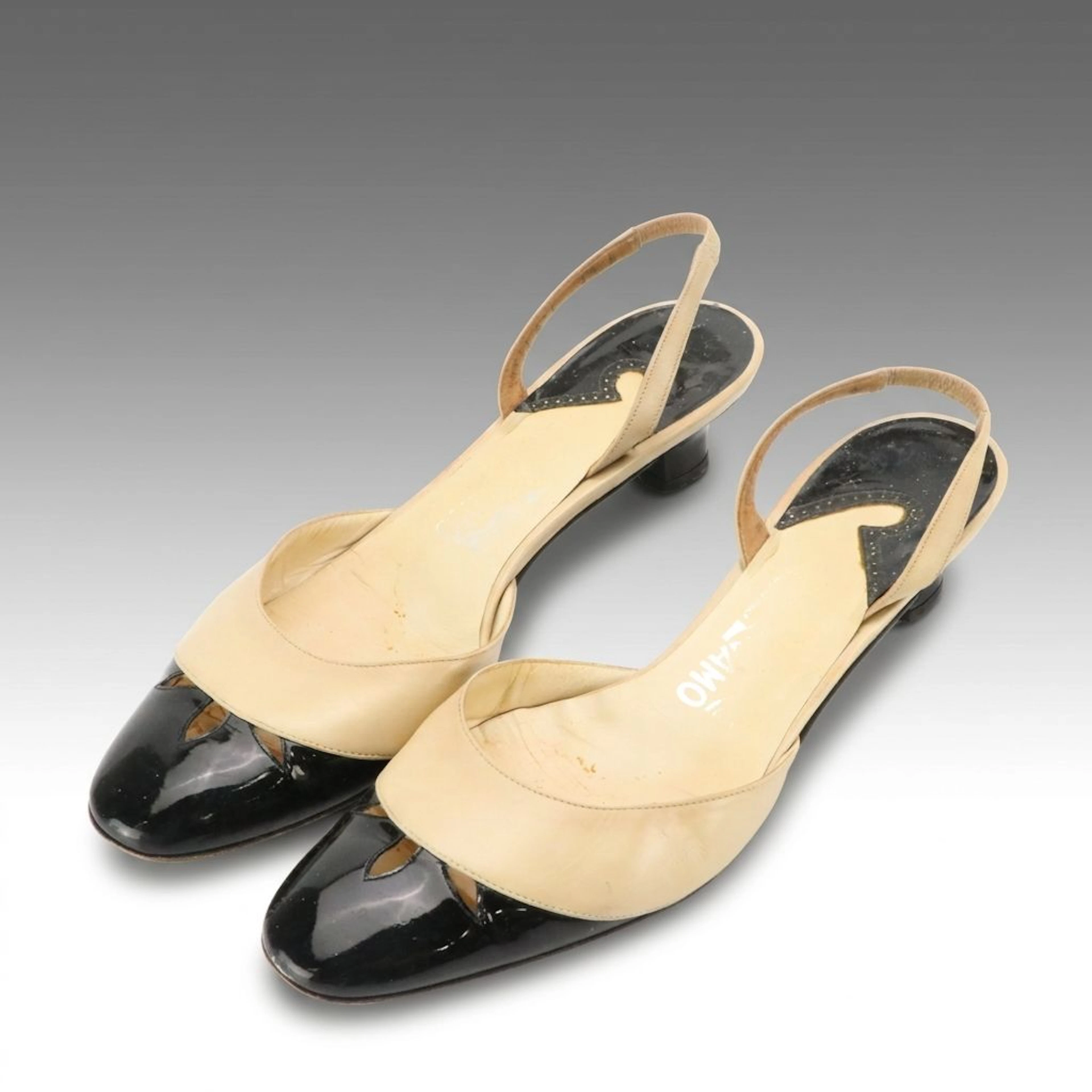 Salvatore Ferragamo Beige Leather and Black Patent Leather Cap-Toe Slingbacks
