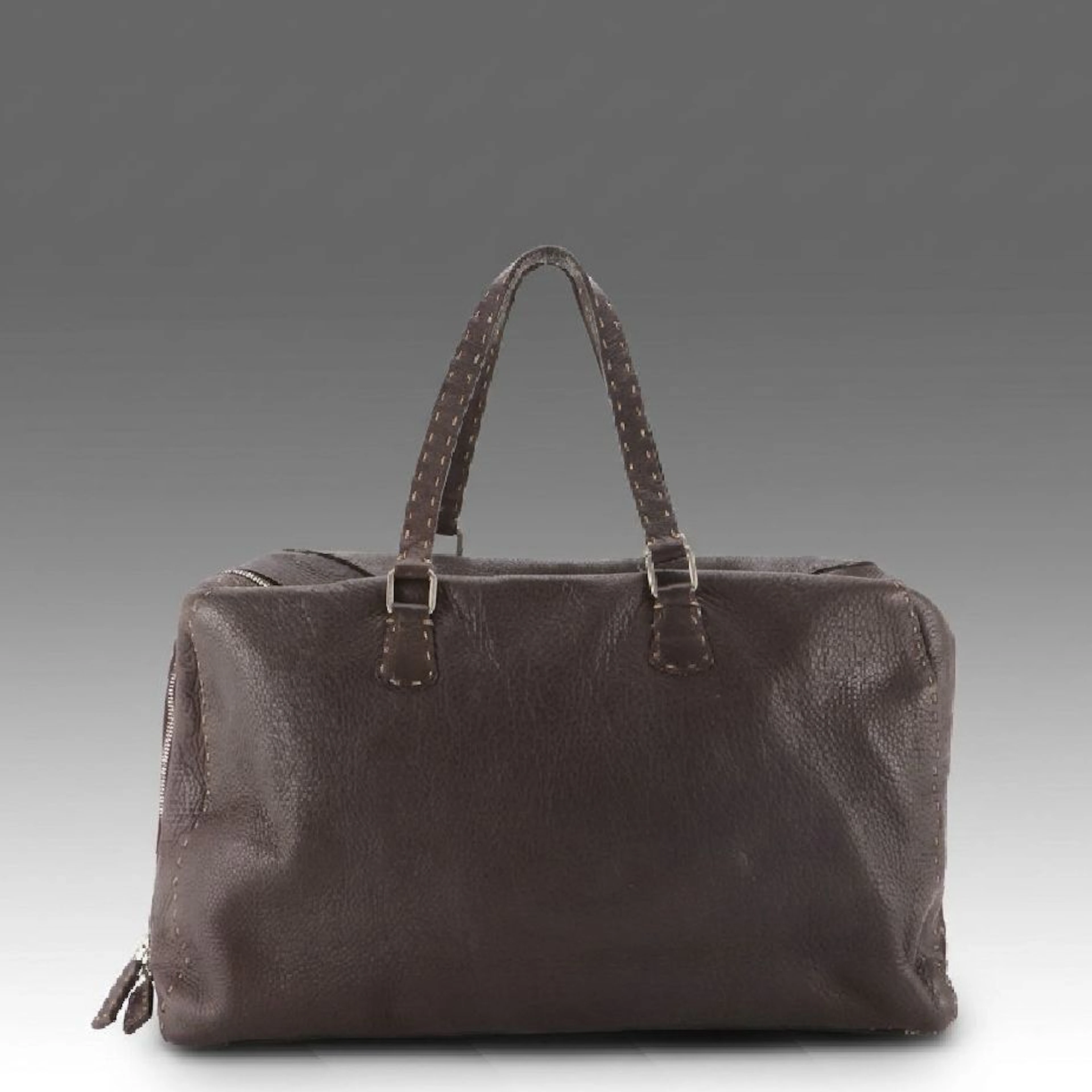Fendi Selleria Brown Calfskin Grain Leather Large Tote Bag with Running Stitch