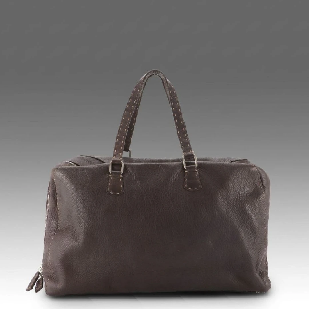 Fendi Selleria Brown Calfskin Grain Leather Large Tote Bag with Running Stitch
