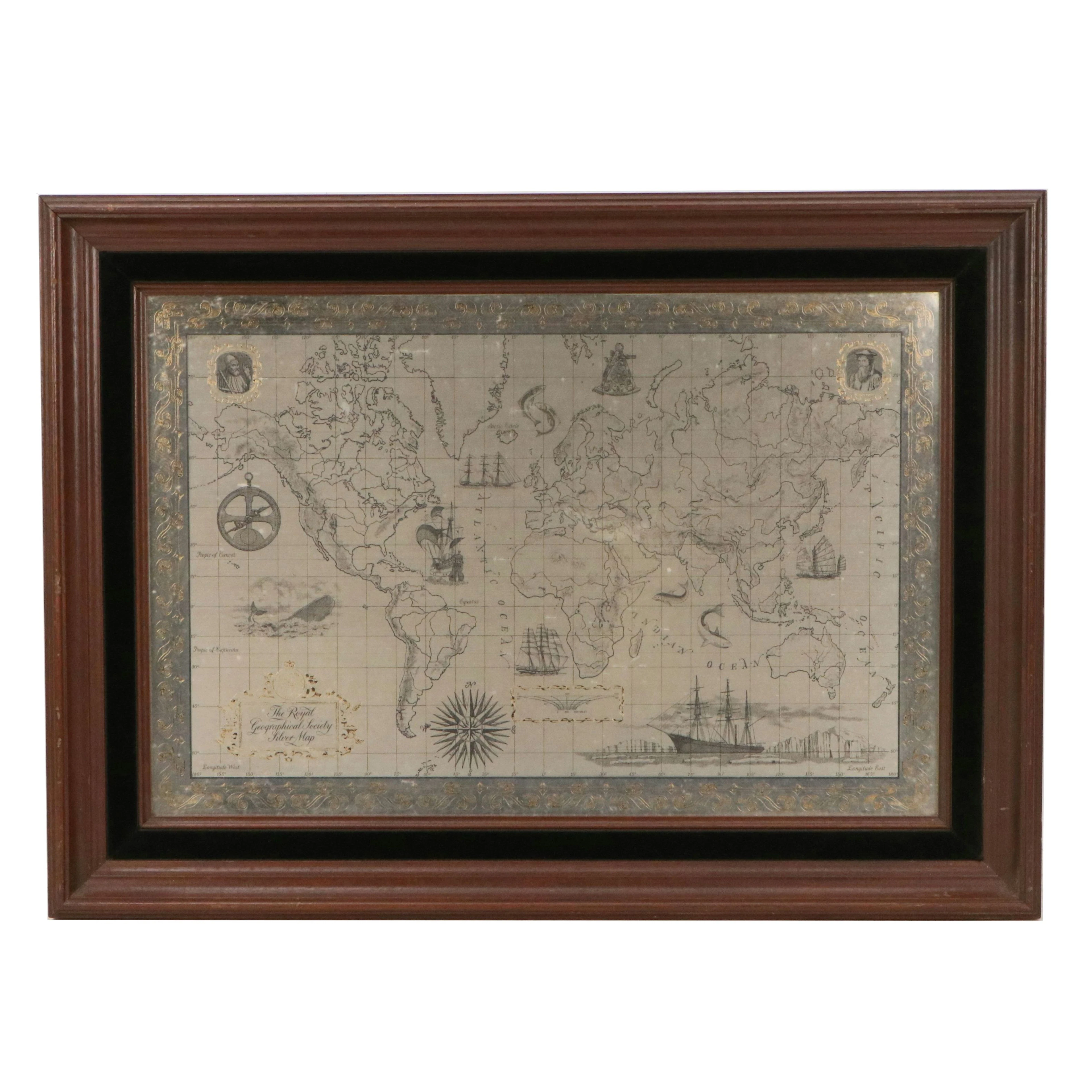 Franklin Mint for the Royal Geographical Society Etched Sterling Map, 1976
