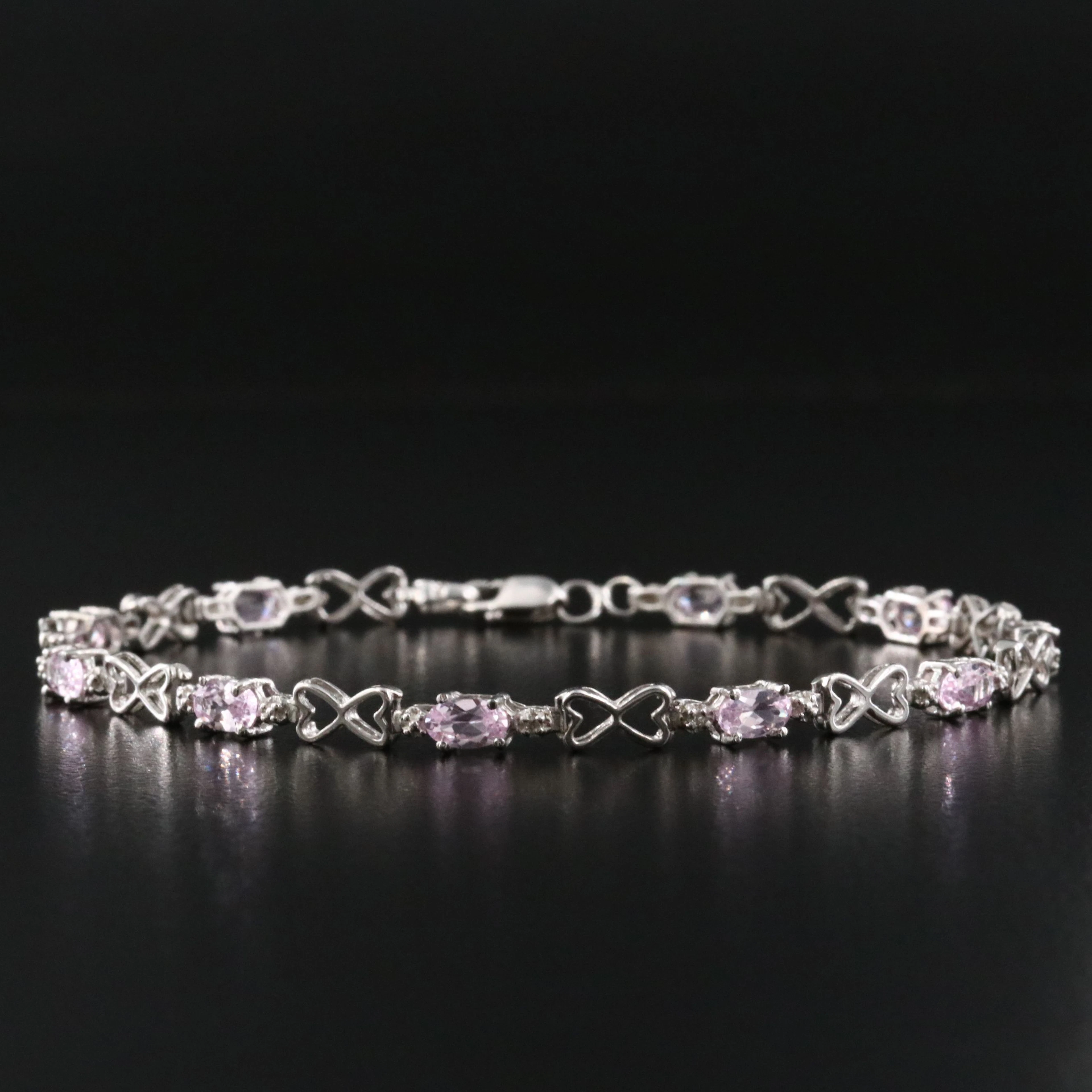 10K Pink Sapphire and Heart Station Bracelet with Diamond Accents