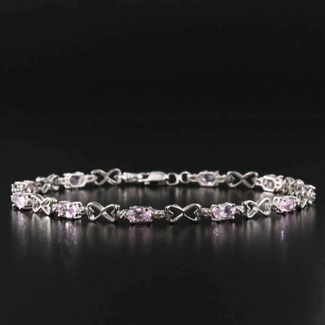 10K Pink Sapphire and Heart Station Bracelet with Diamond Accents
