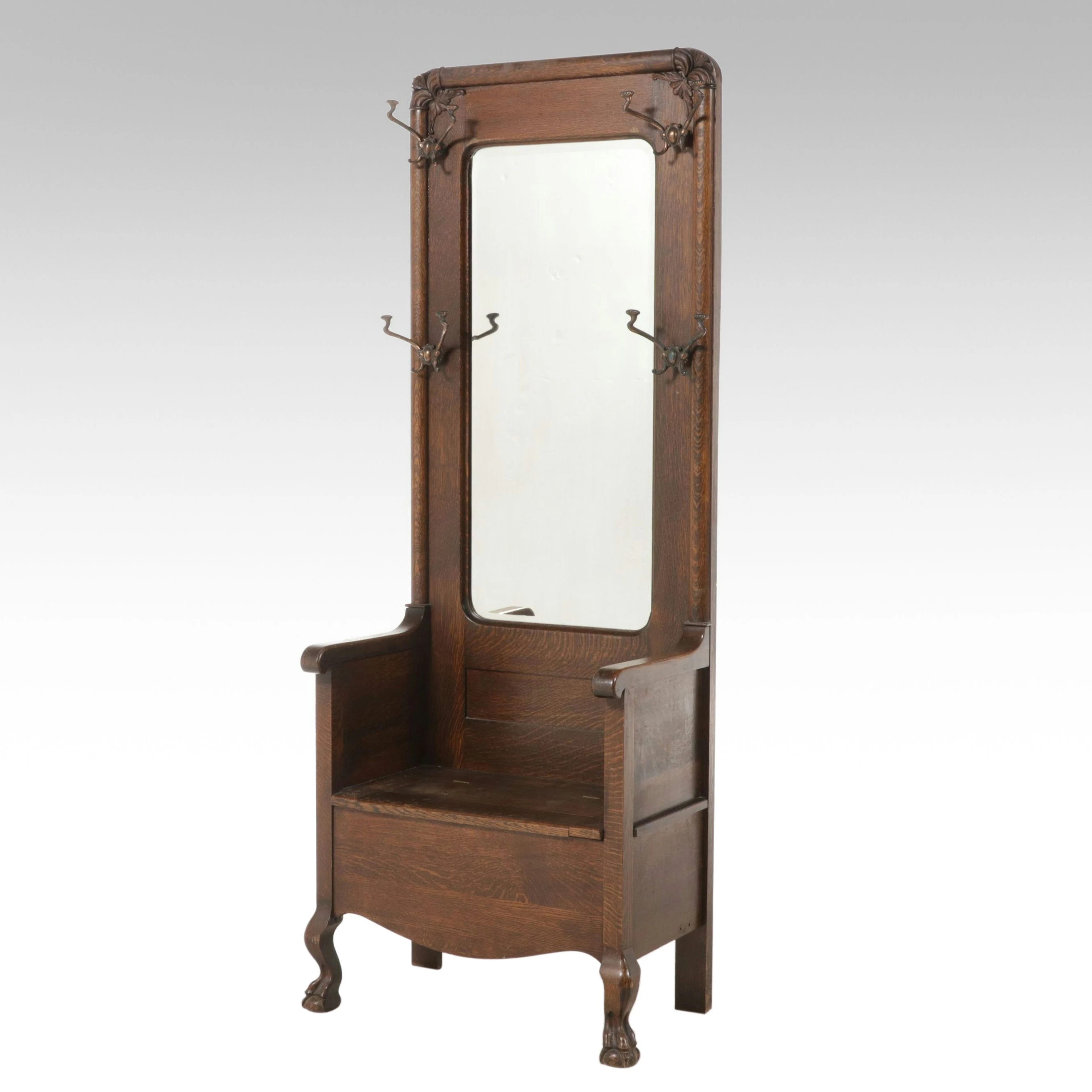 American Gothic Revival Style Oak Hall Tree Bench, Early 20th Century