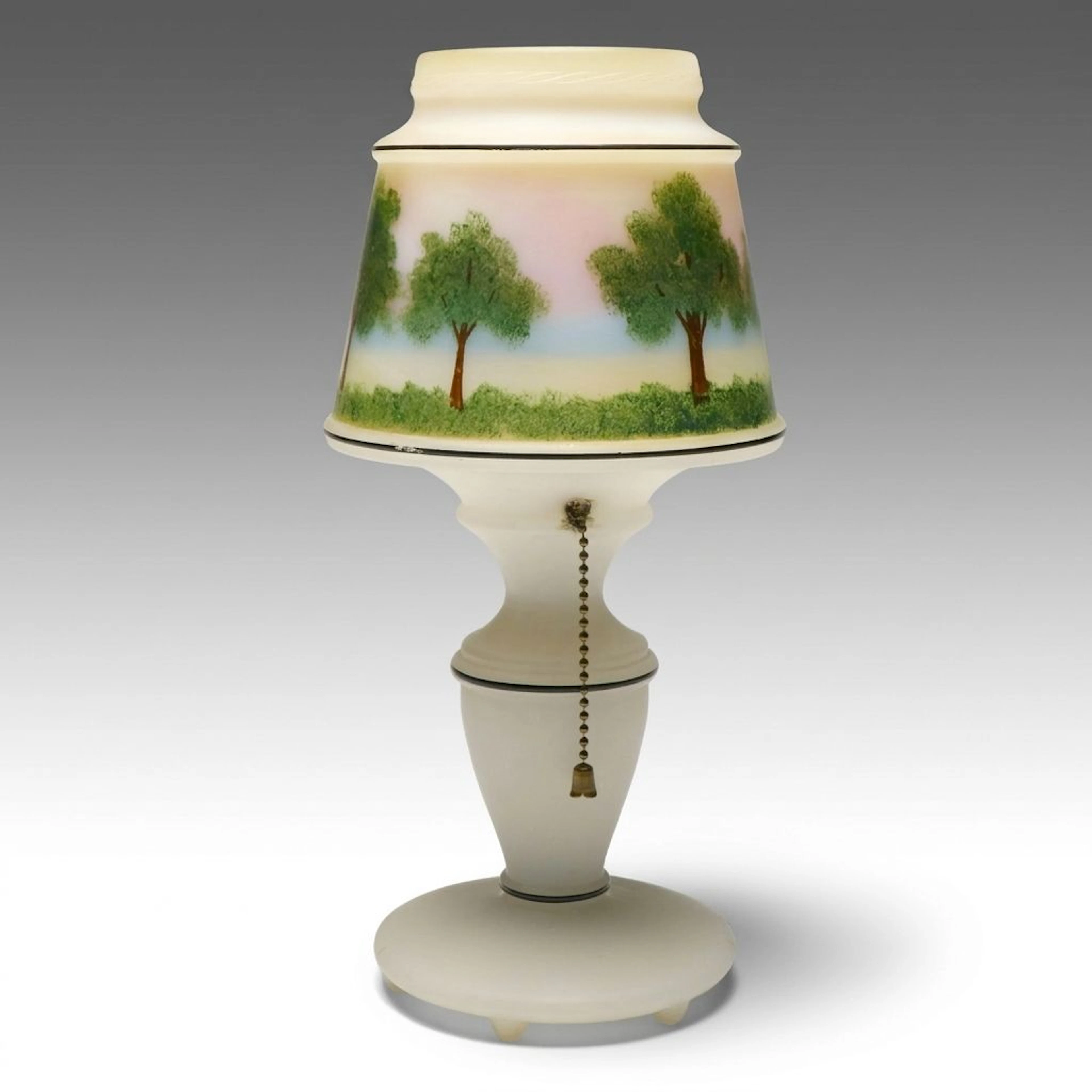 Mid-Century Hand-Painted Trees Against Colorful Sky Glass Boudoir Table Lamp