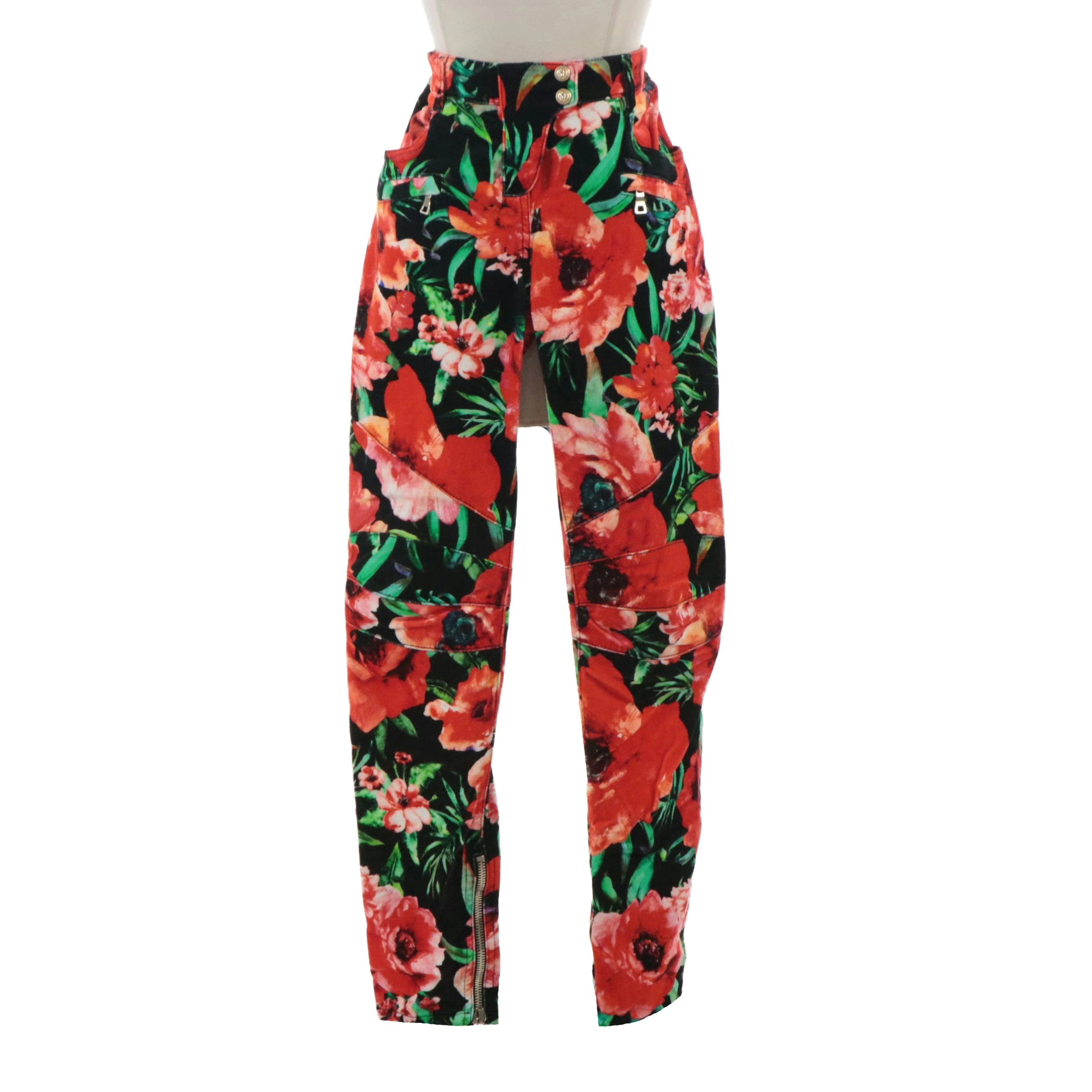 Balmain Moto Jeans in Floral Stretch Cotton with Tags