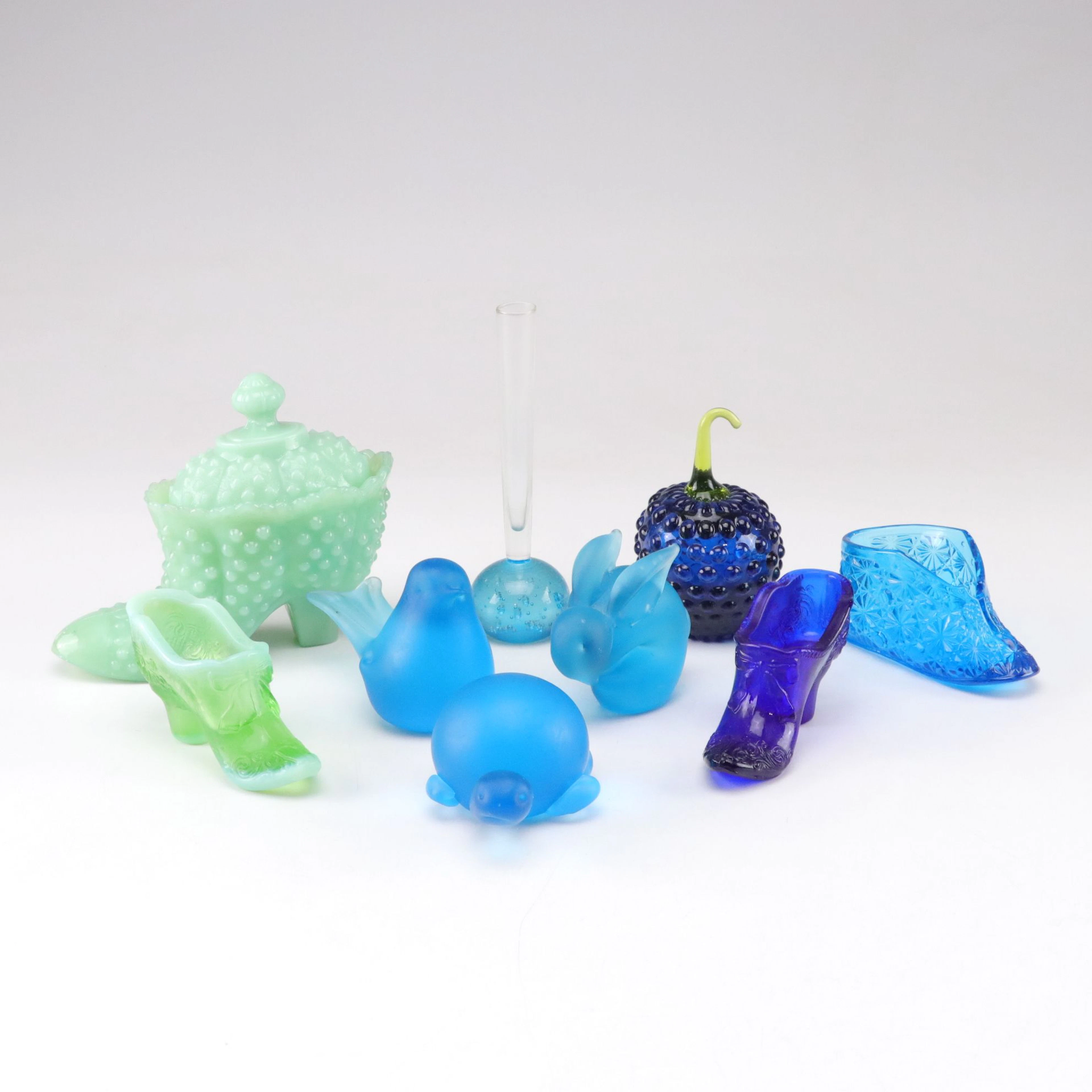 Fenton Hobnail Glass Slipper Trinket Dish, Interpur Blue Glass Figures and More
