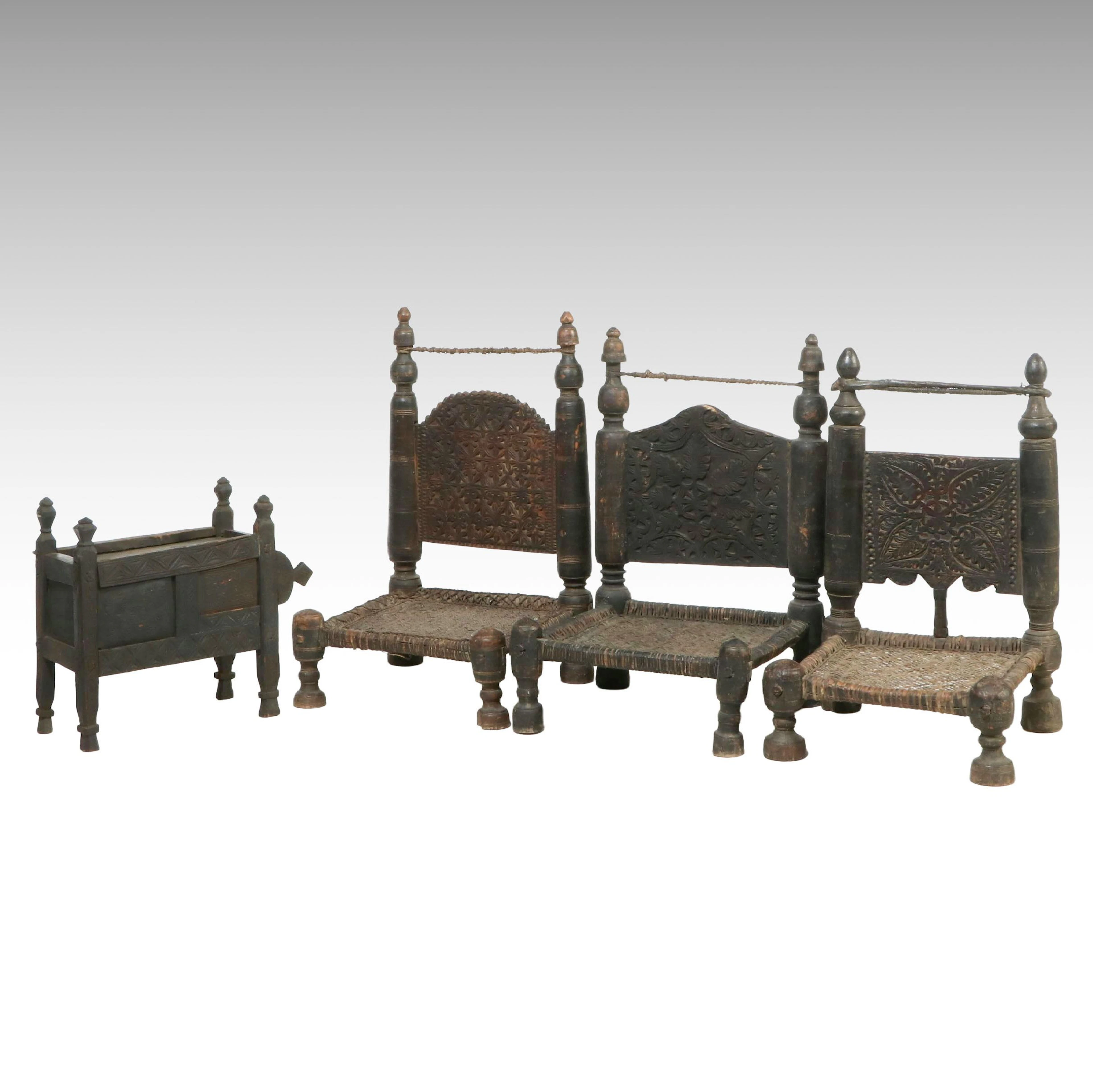 Swat Valley Carved Chairs and Dowry Chest, Late 19th/Early 20th Century