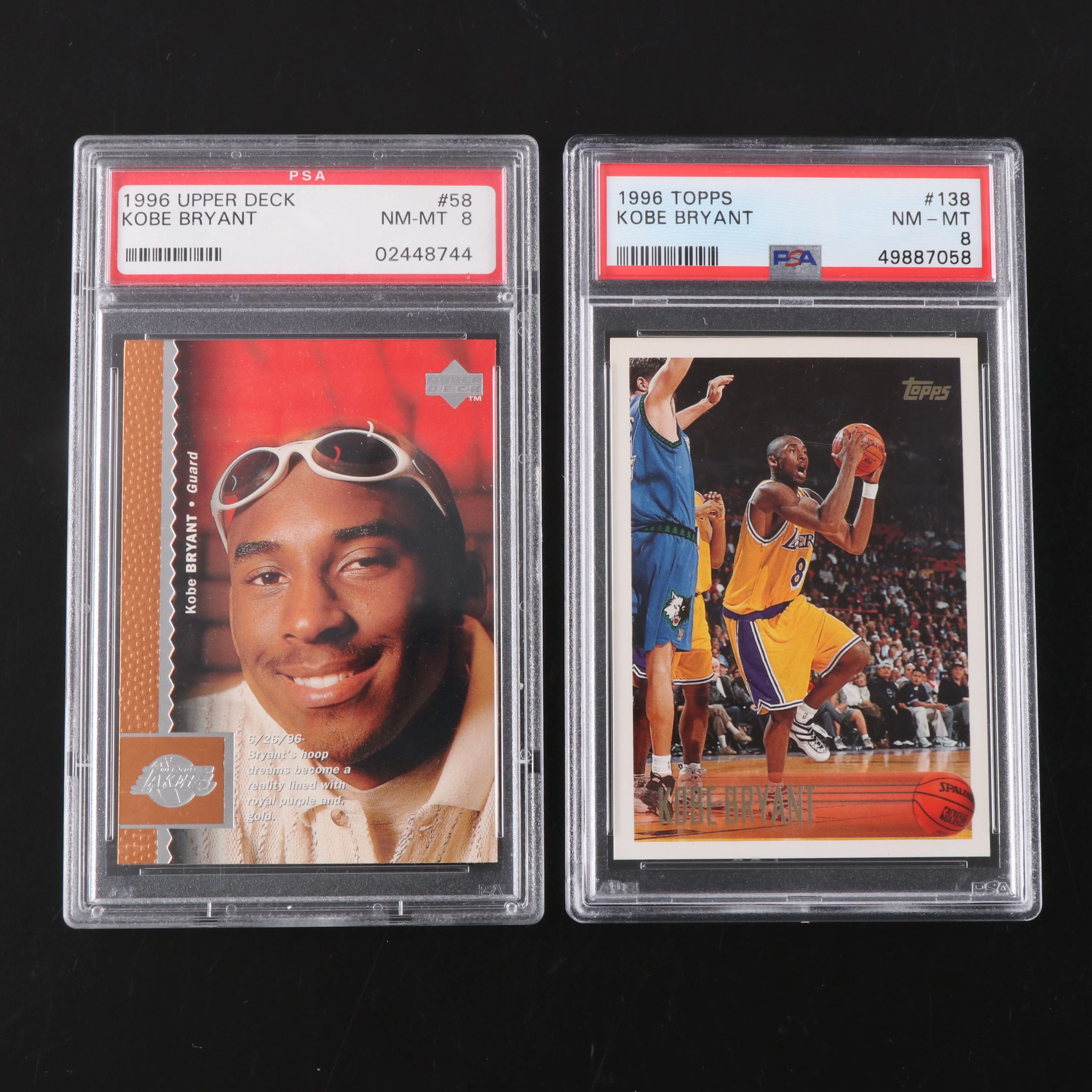 1996 Topps and Upper Deck Kobe Bryant Rookie Basketball Cards Graded PSA 8