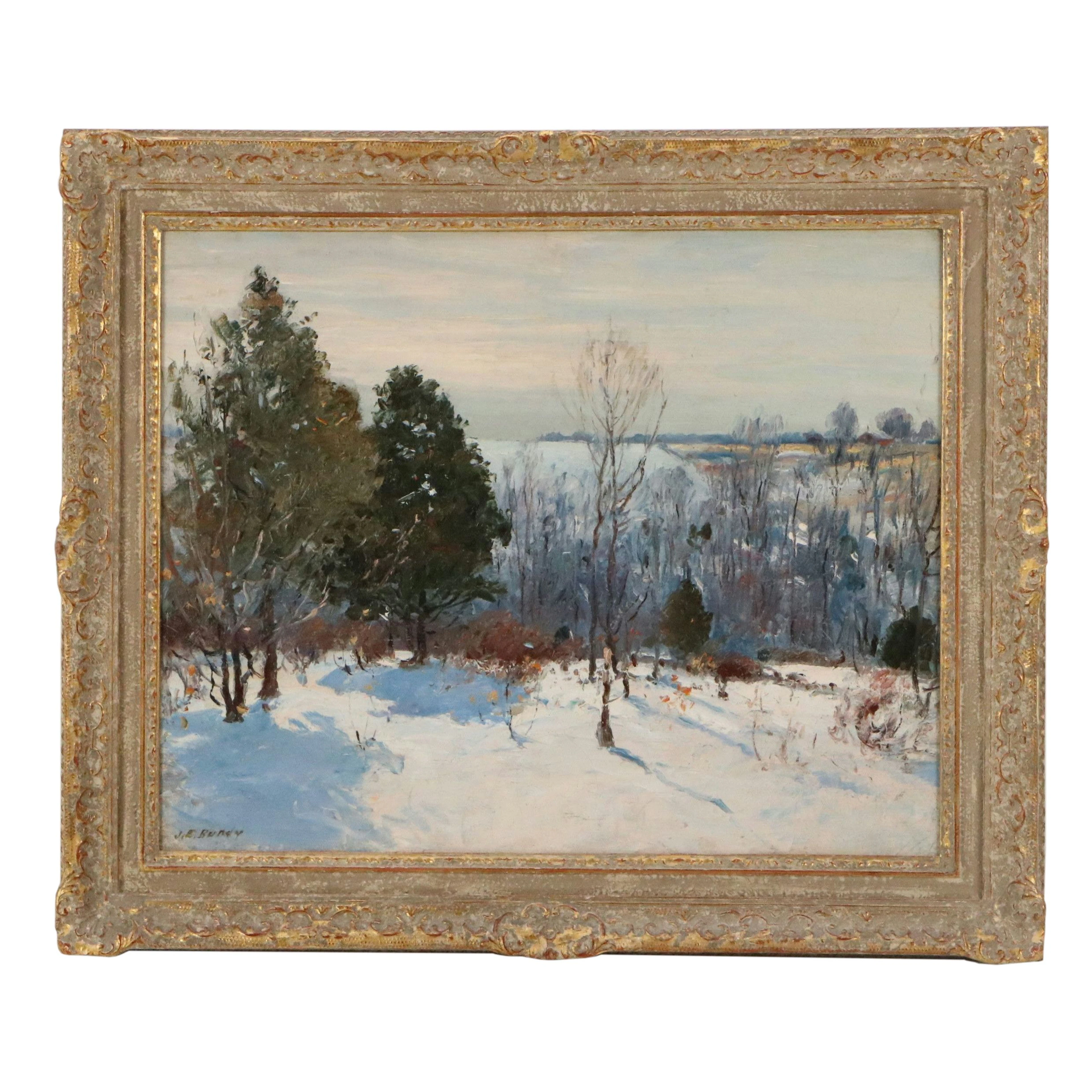 J. E. Bundy Winter Landscape Oil Painting, 20th Century