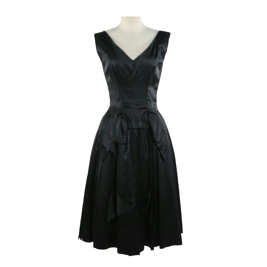 Suzy Perette Sleeveless Black Satin Cocktail Dress with Bow Detail, Vintage