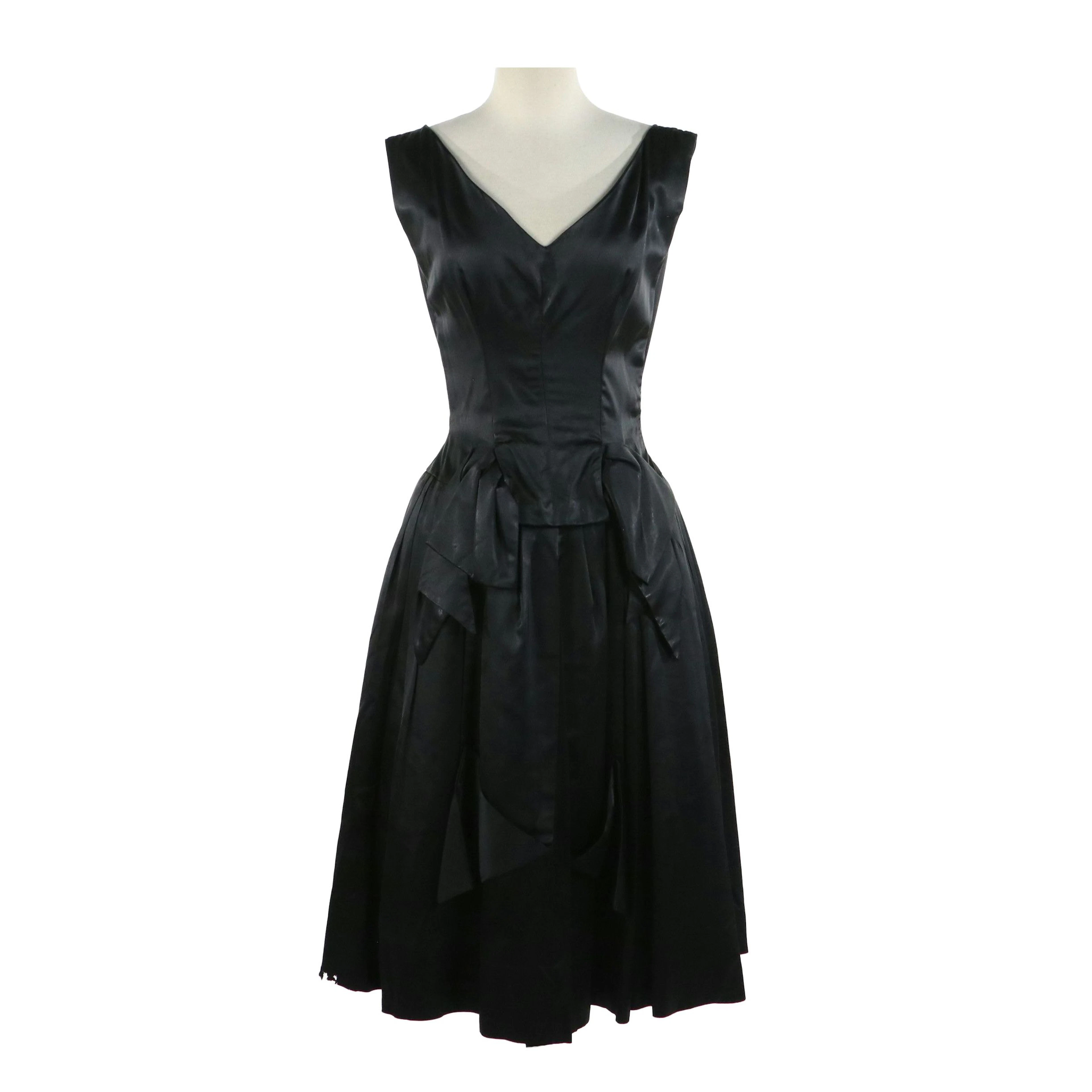 Suzy Perette Sleeveless Black Satin Cocktail Dress with Bow Detail, Vintage