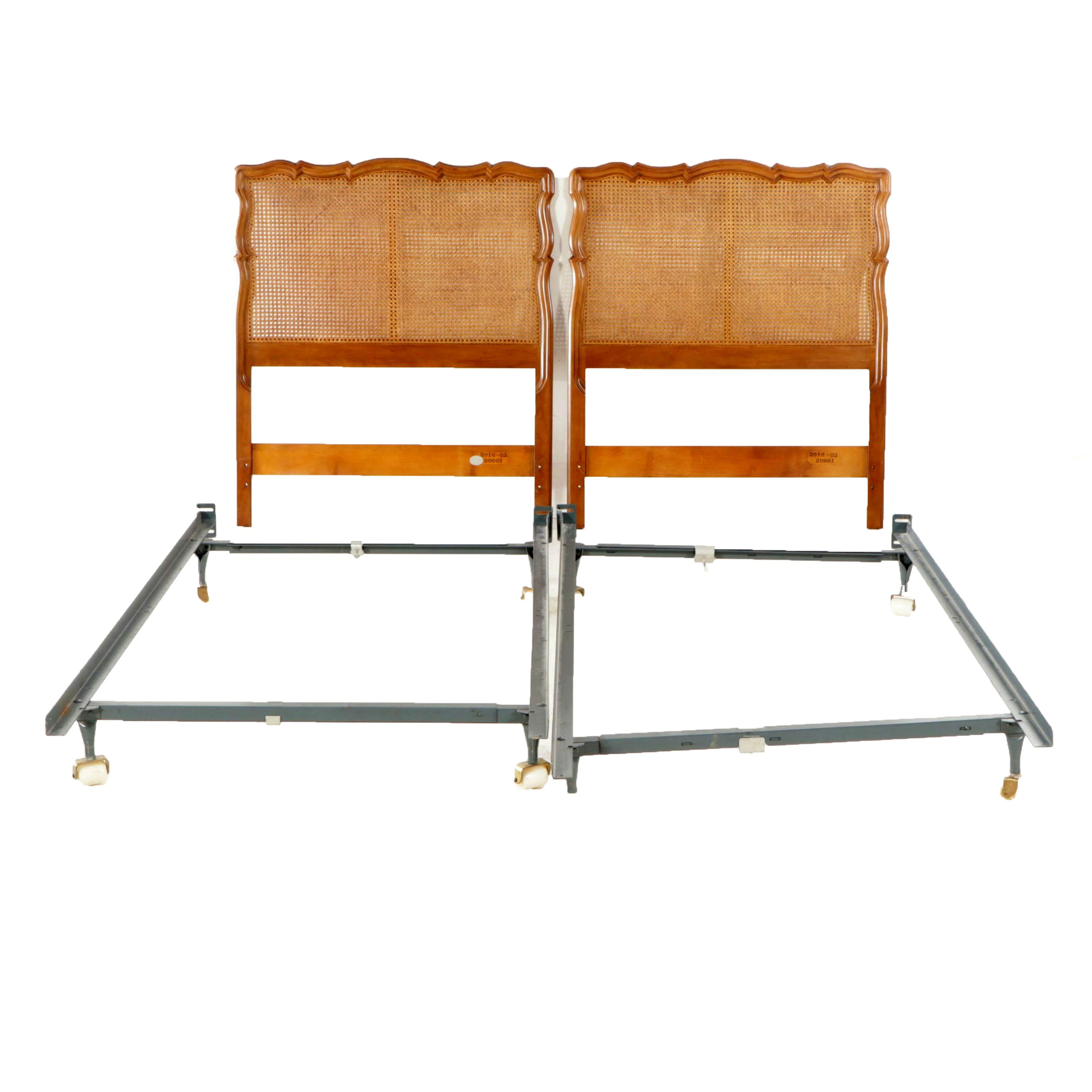 Pair of French Provincial Wood and Cane Twin Headboards with Metal Frames