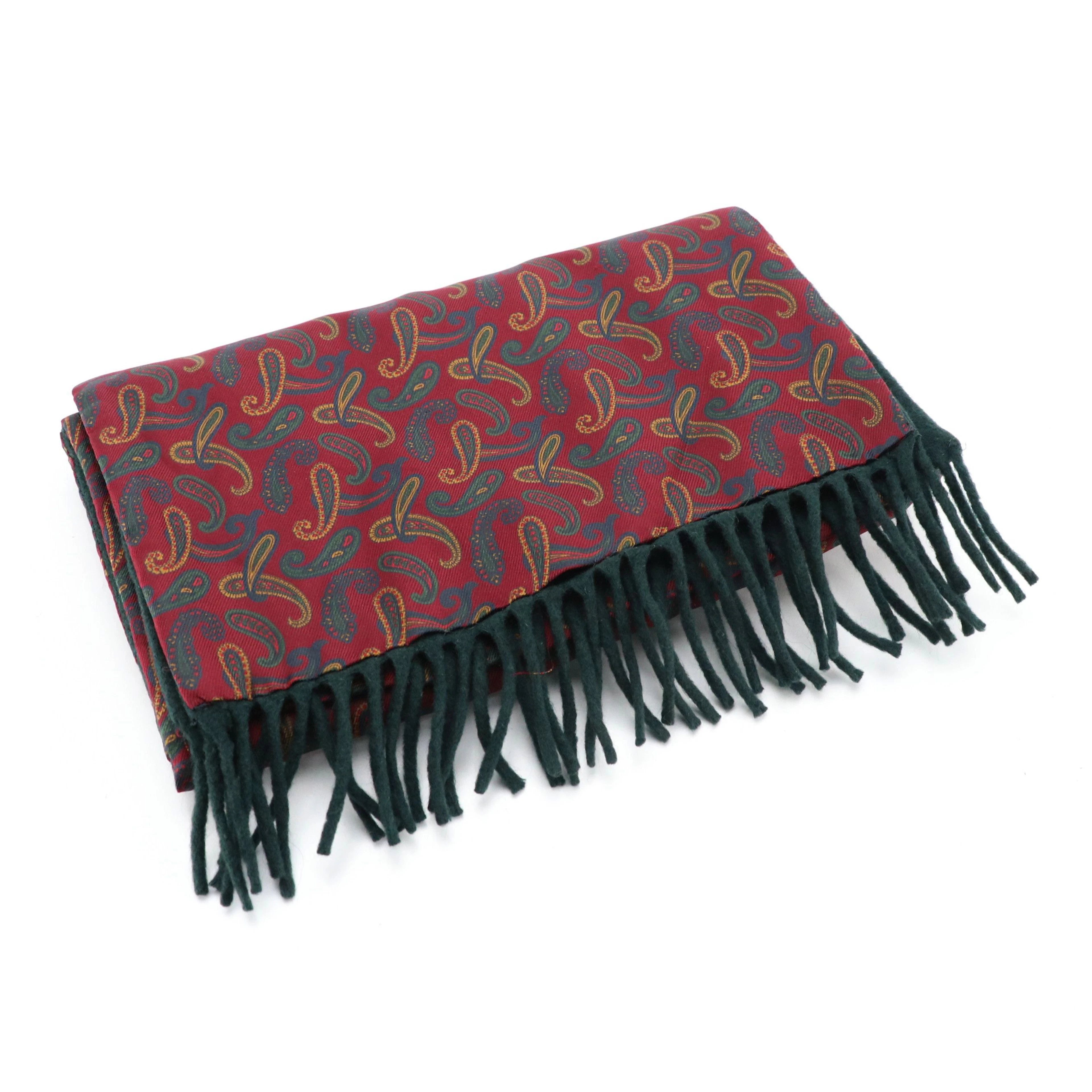 ETRO Double-Sided Fringe Scarf in Paisley Silk and Dark Green Wool