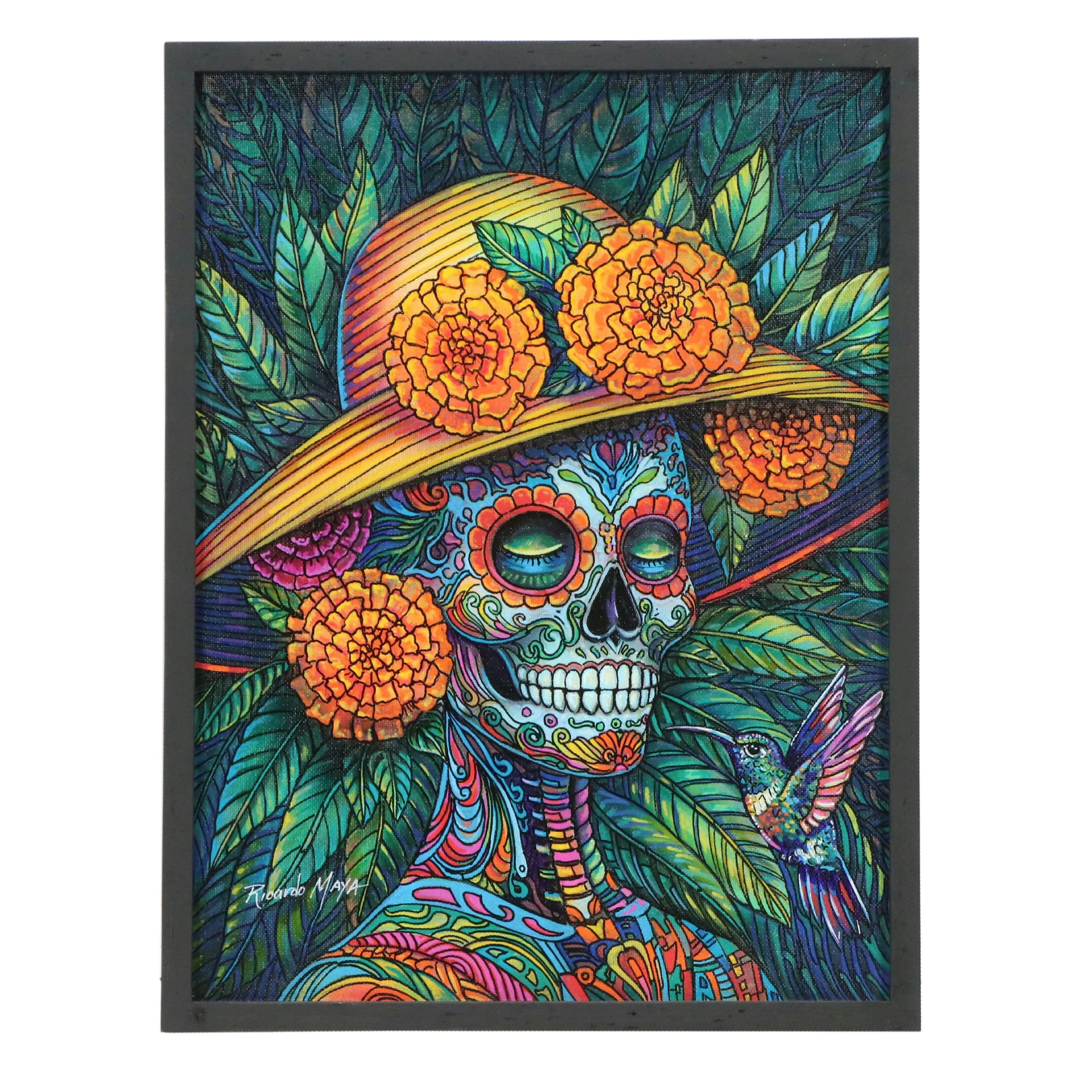 Ricardo Maya Acrylic Painting of Stylized Día de los Muertos Woman, 2025