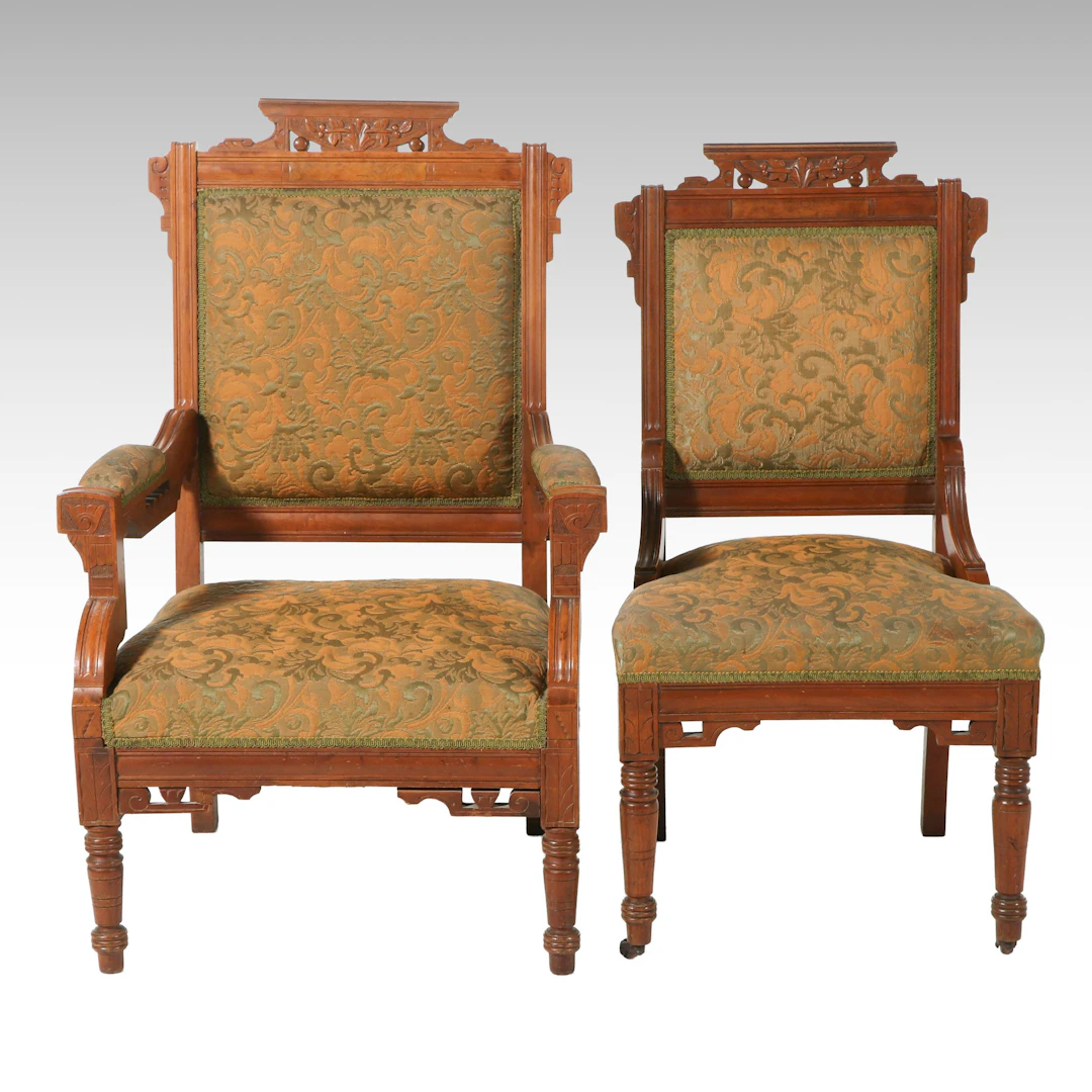 Pair of Eastlake Style Carved Walnut Parlor Chairs, Late 19th Century