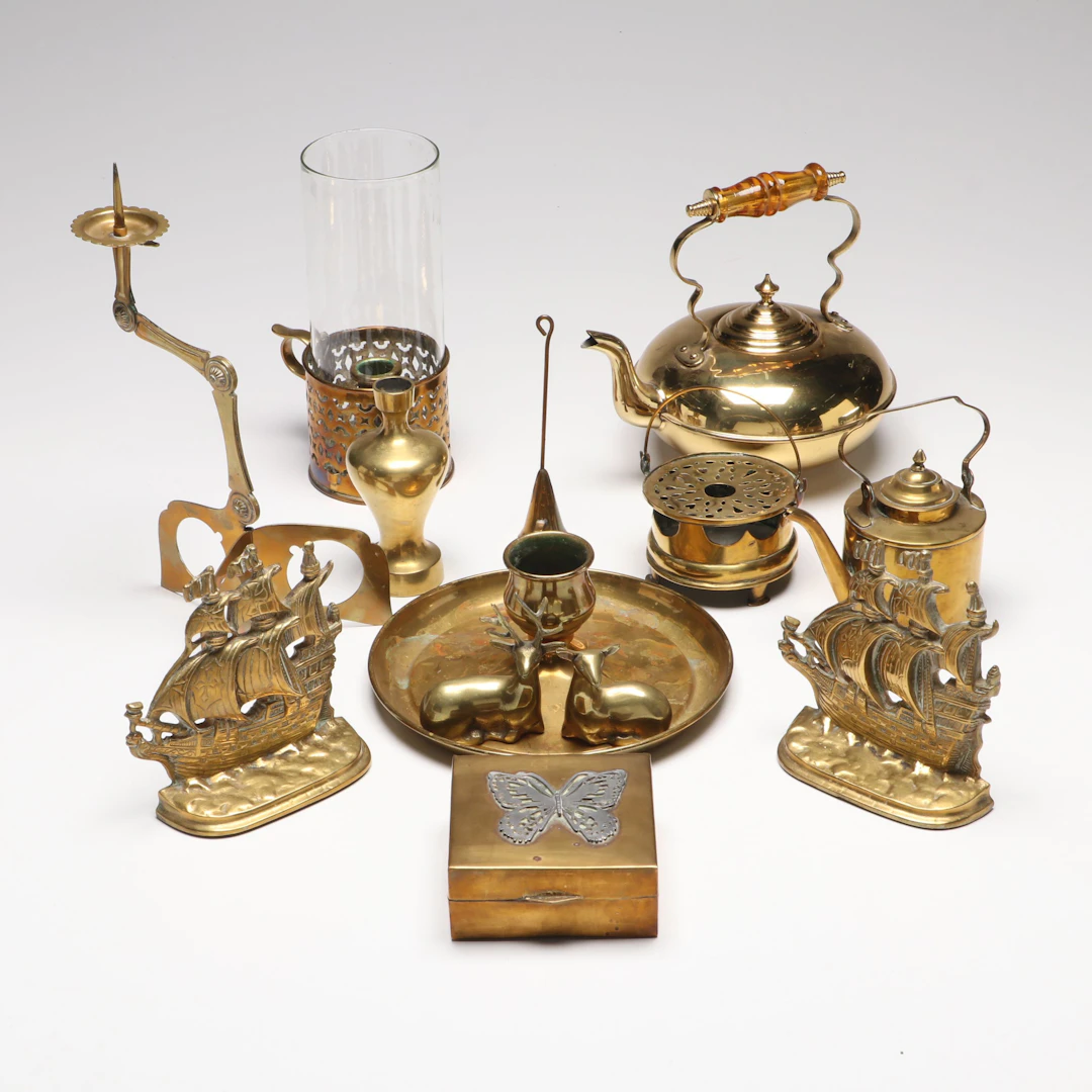 Brass Candle Holders, Brass Deer Figurines, Brass Bud Vase, and More