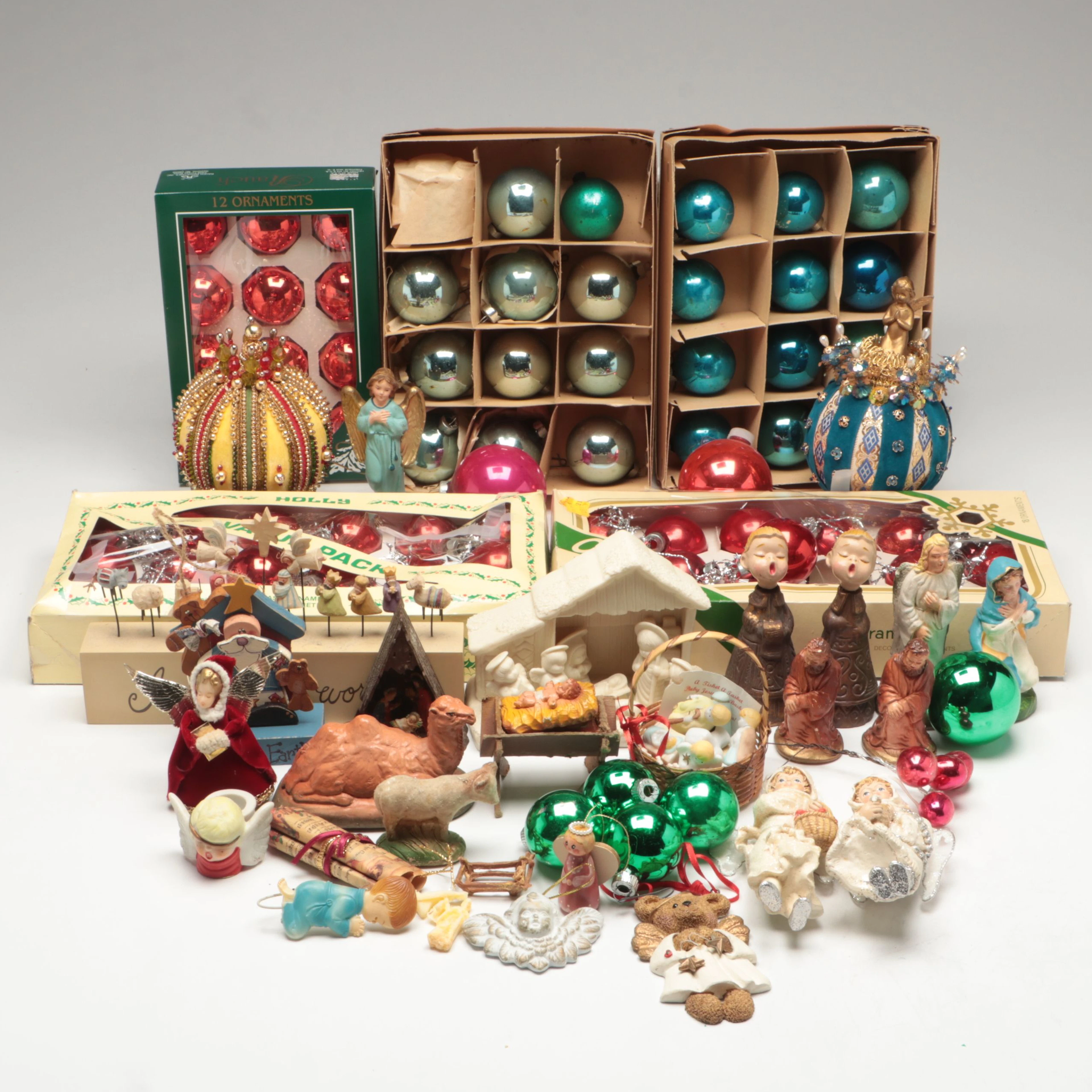 Holly and Pyramid Glass Ornaments with More Christmas Ornaments and Decorations