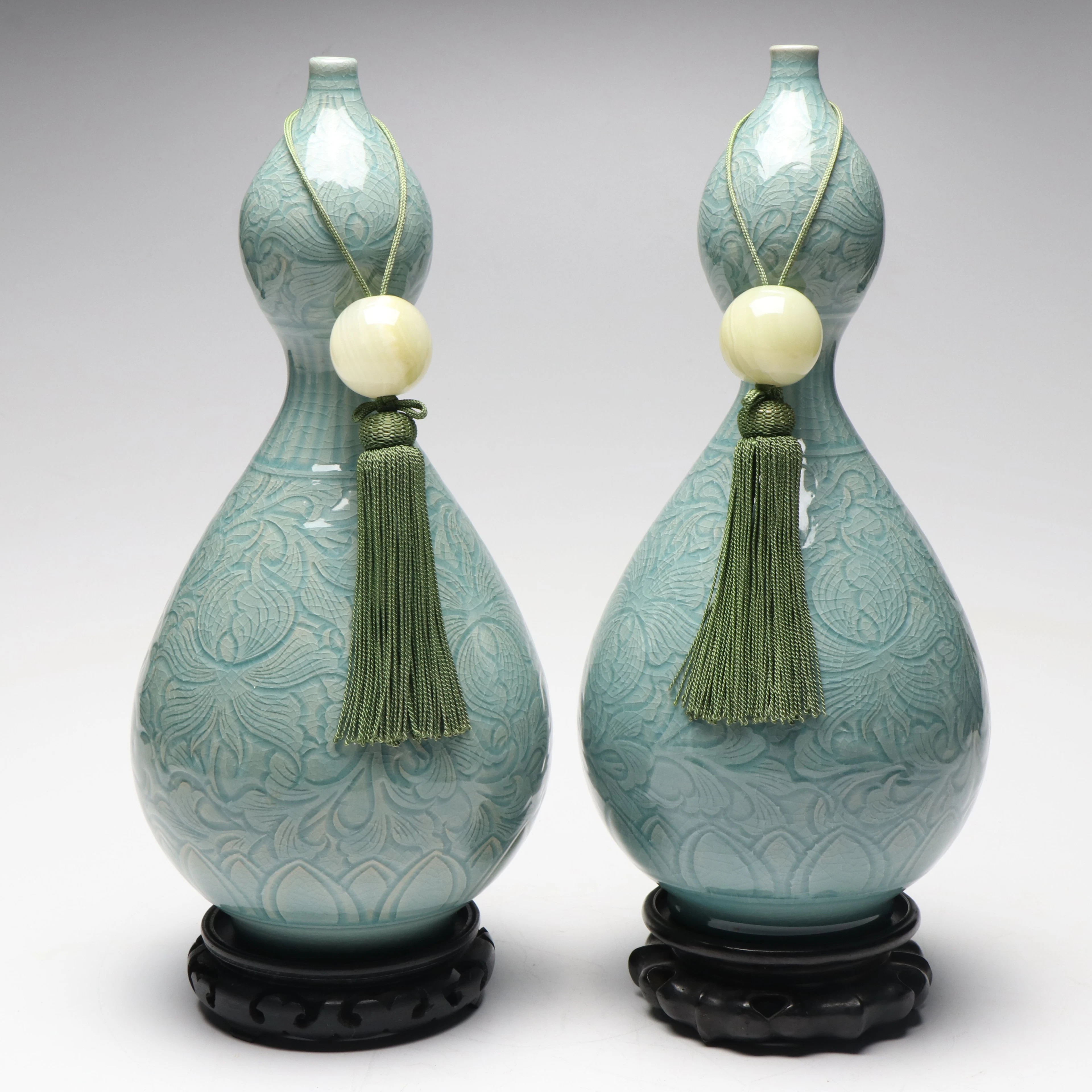 Korean Celadon Glazed Floral Gourd Vases with Agate Tassels
