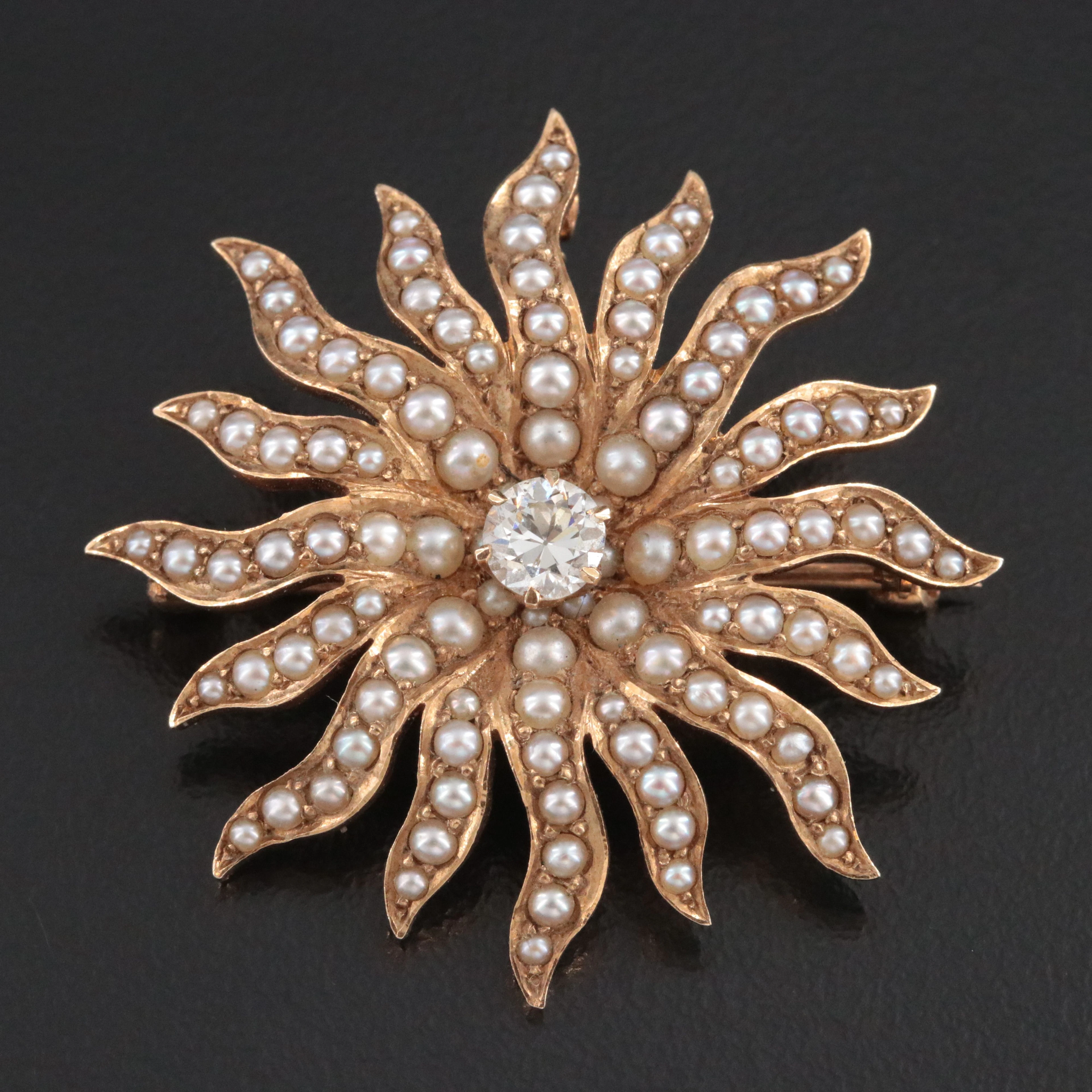 Antique 14K Pearl and Diamond Sunburst Brooch/Pendant