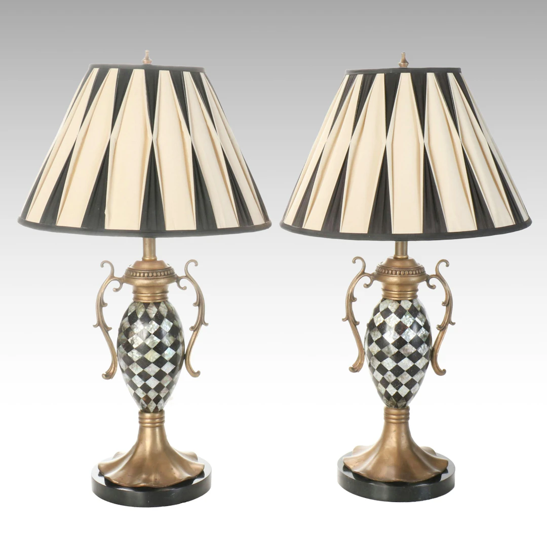 Pair of Maitland-Smith Checkered Mother-of-Pearl Table Lamps with