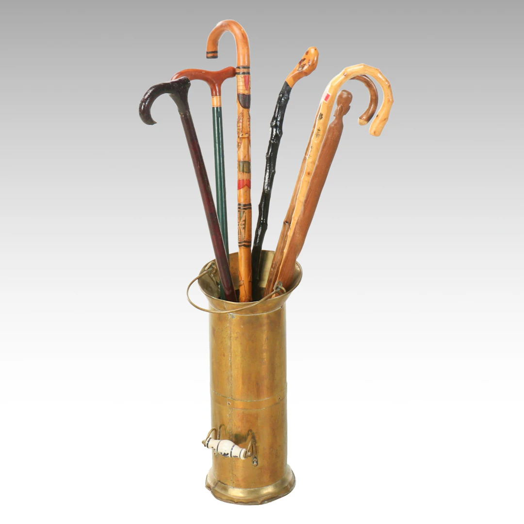 Dutch Coal Scuttle Umbrella Stand with Carved Wood Walking Sticks