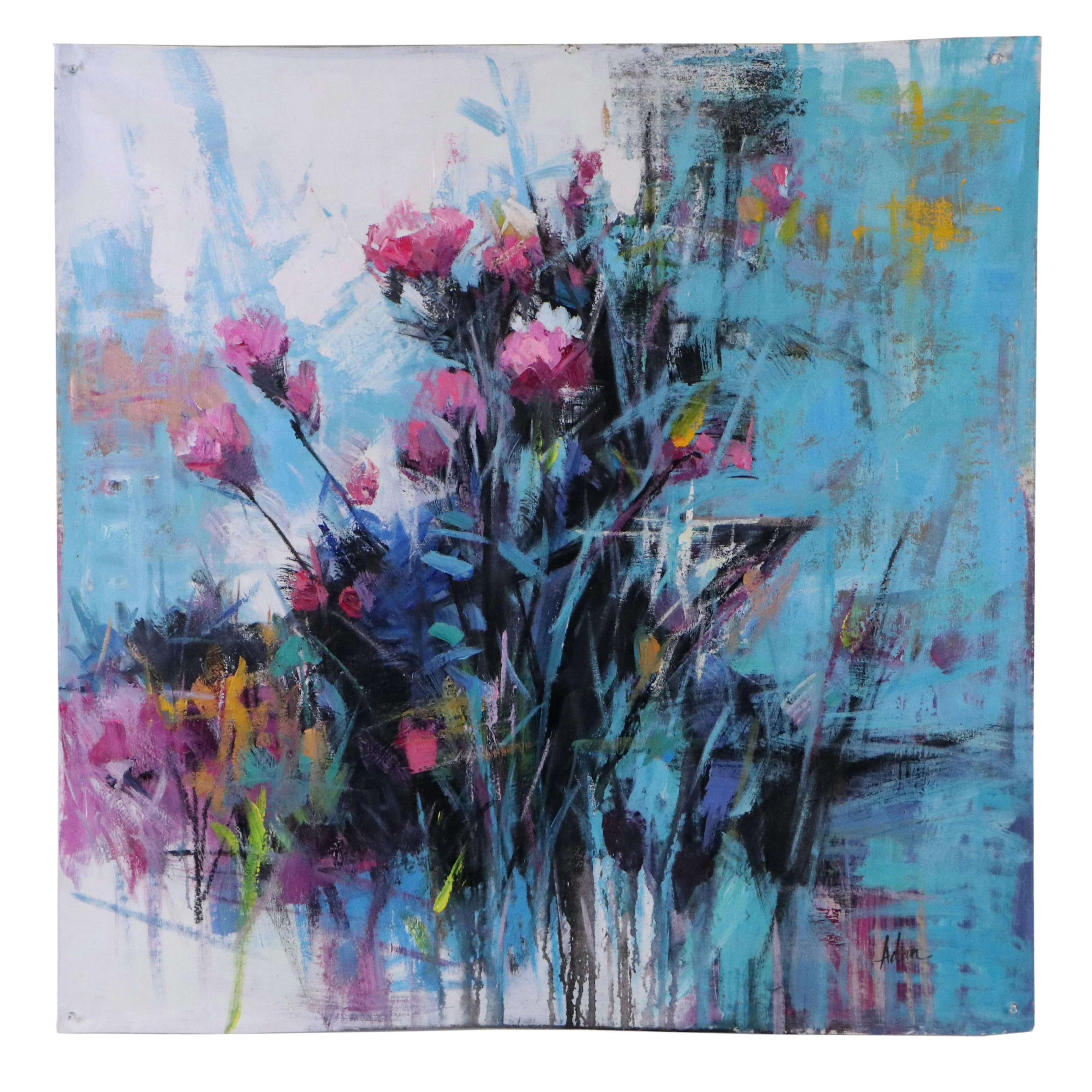 Adan Expressionist Floral Oil Painting "Blue Hour Blossoms," 21st Century