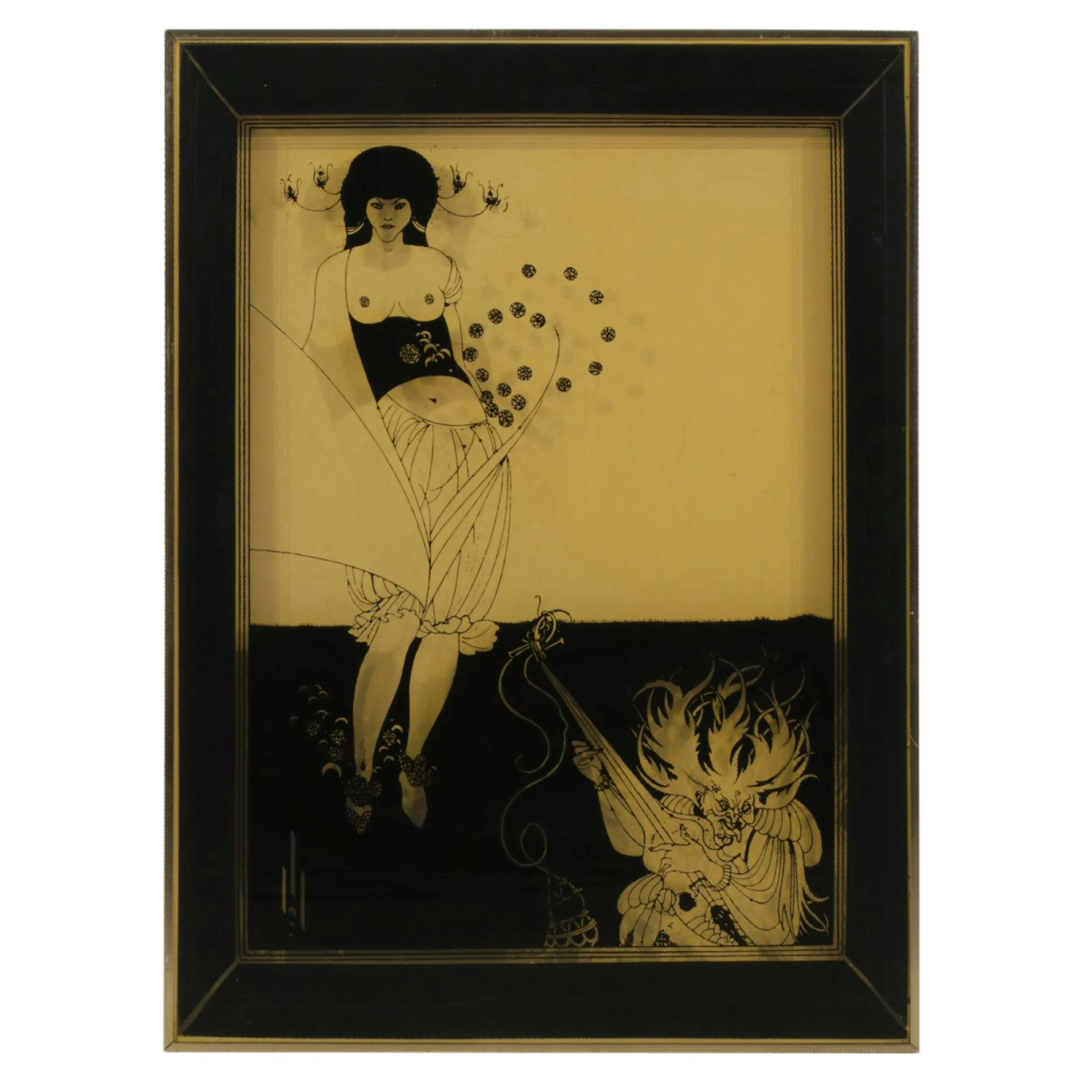 Reverse Glass Painting After Aubrey Beardsley "The Stomach Dance"