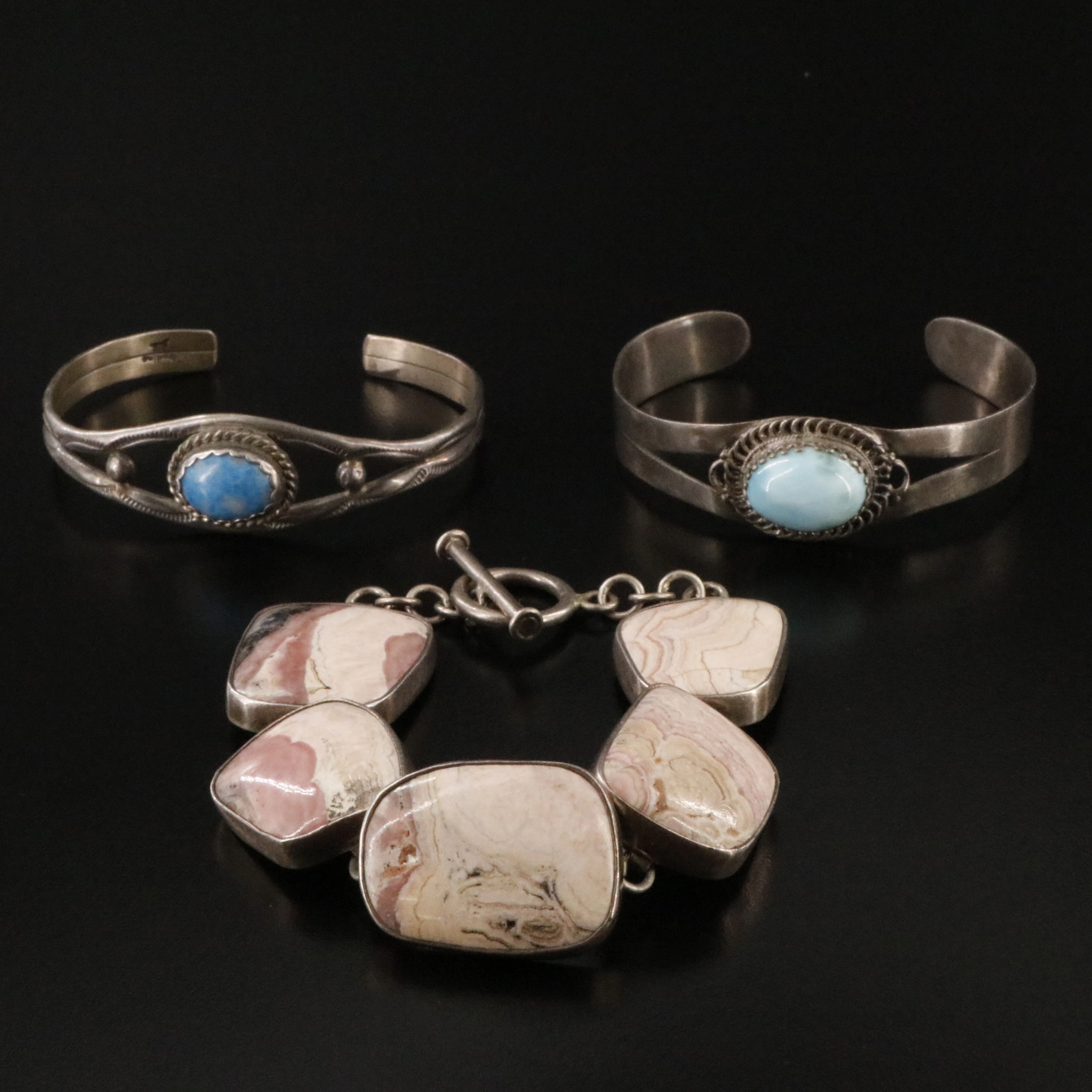 Southwestern Sterling Turquoise and Rhodochrosite Bracelets Feat Artisan Signed