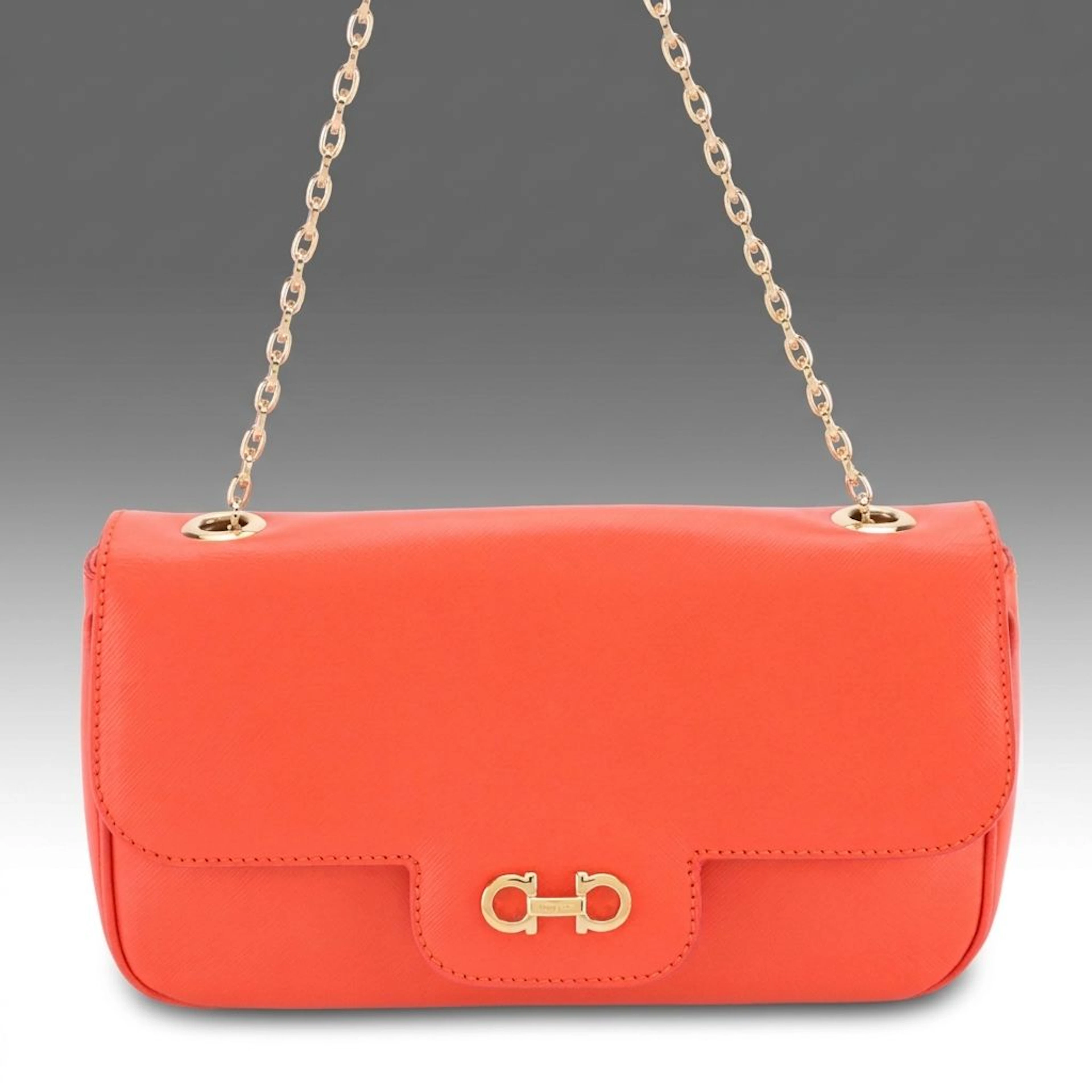 Salvatore Ferragamo Gancini Flap Chain Shoulder Bag in Orange Saffiano Leather