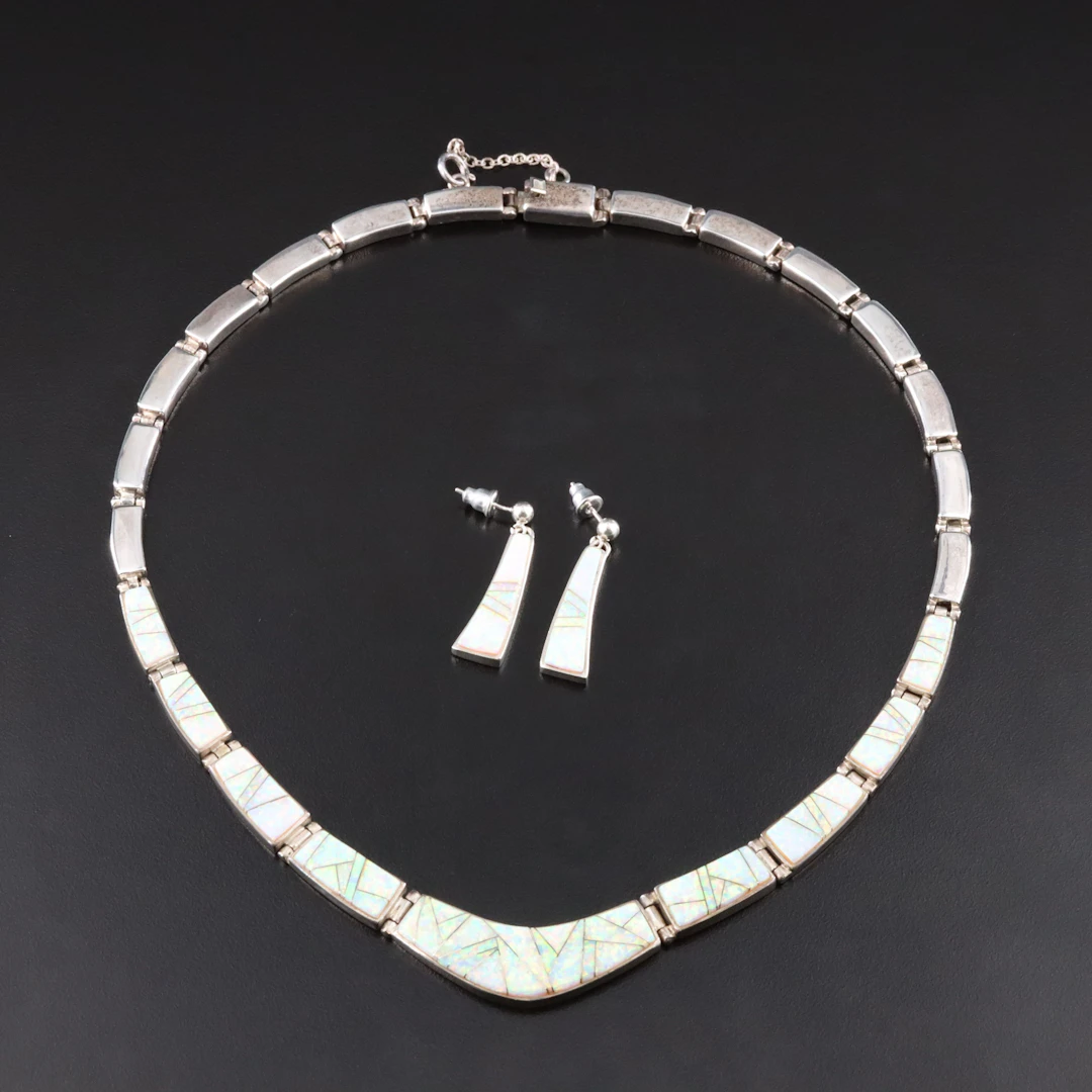 Calvin Begay Navajo Diné Sterling Opal Inlay Necklace & Earrings