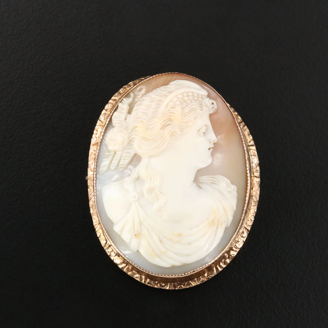 George L. Paine Early 1900s 10K Shell Greco-Roman Lady Cameo Brooch