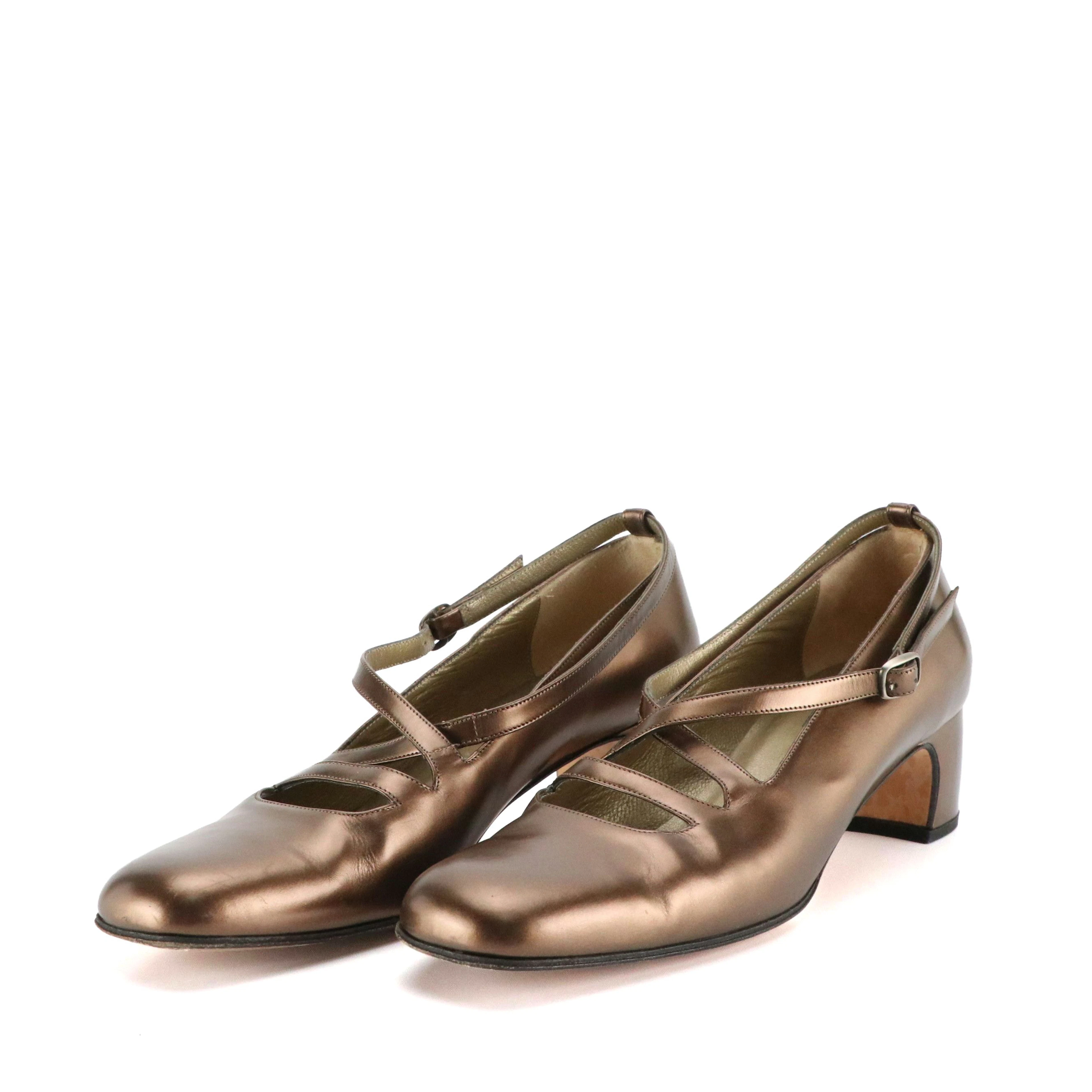 Yves Saint Laurent Bronze Metallic Leather Block Heel Shoes with Buckle Strap