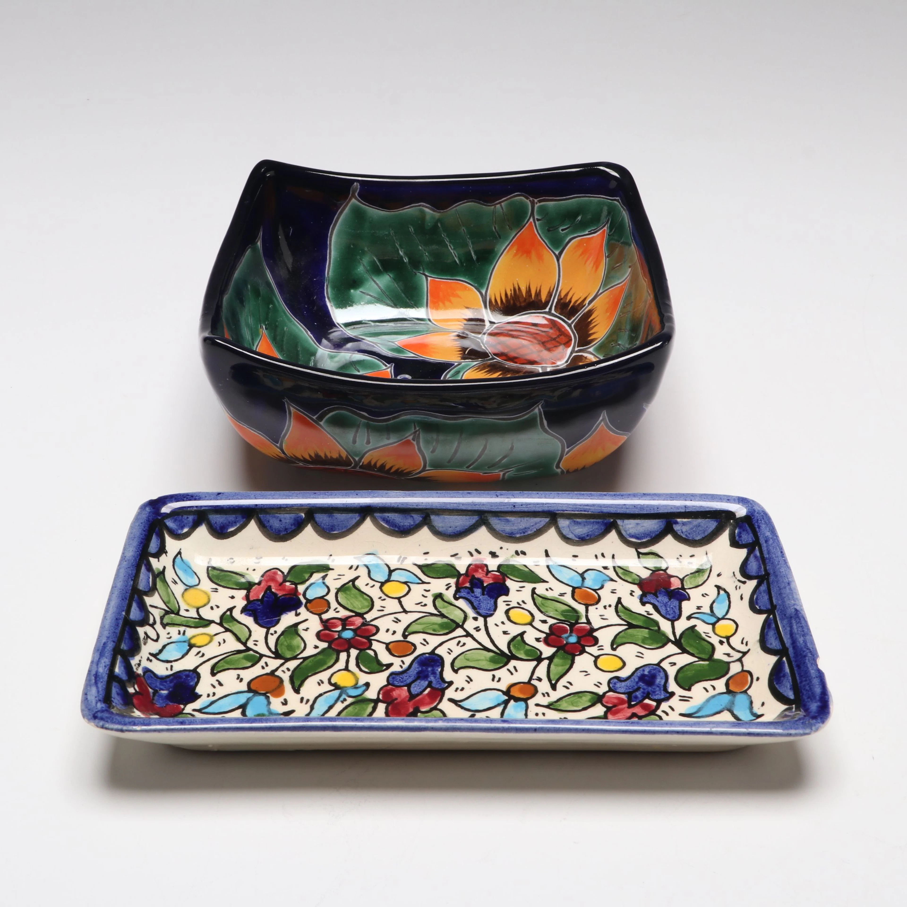 Mexican Folk Art Ceramic Bowl with Floral Ceramic Tray