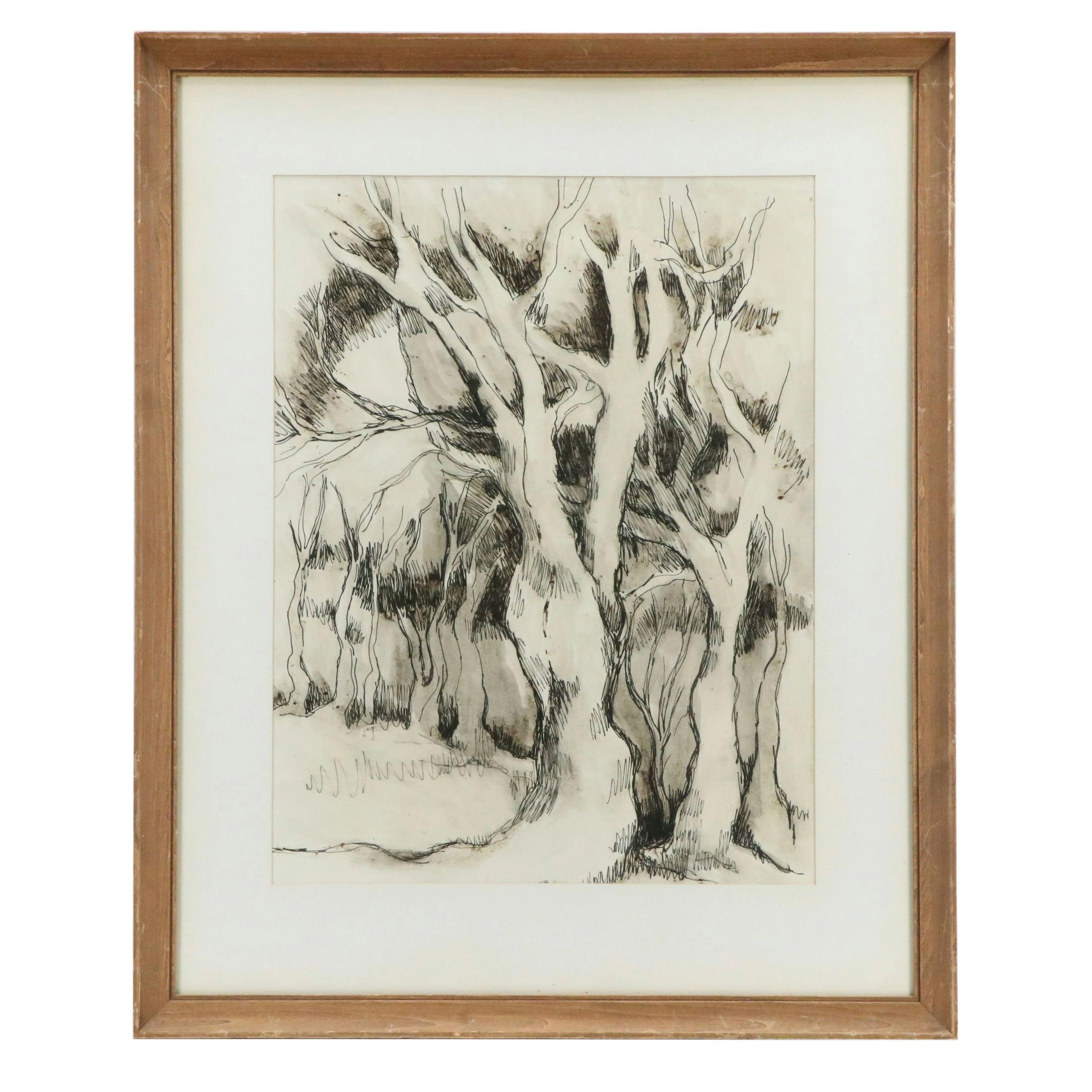 Ink and Wash Drawing of Trees, Late 20th Century