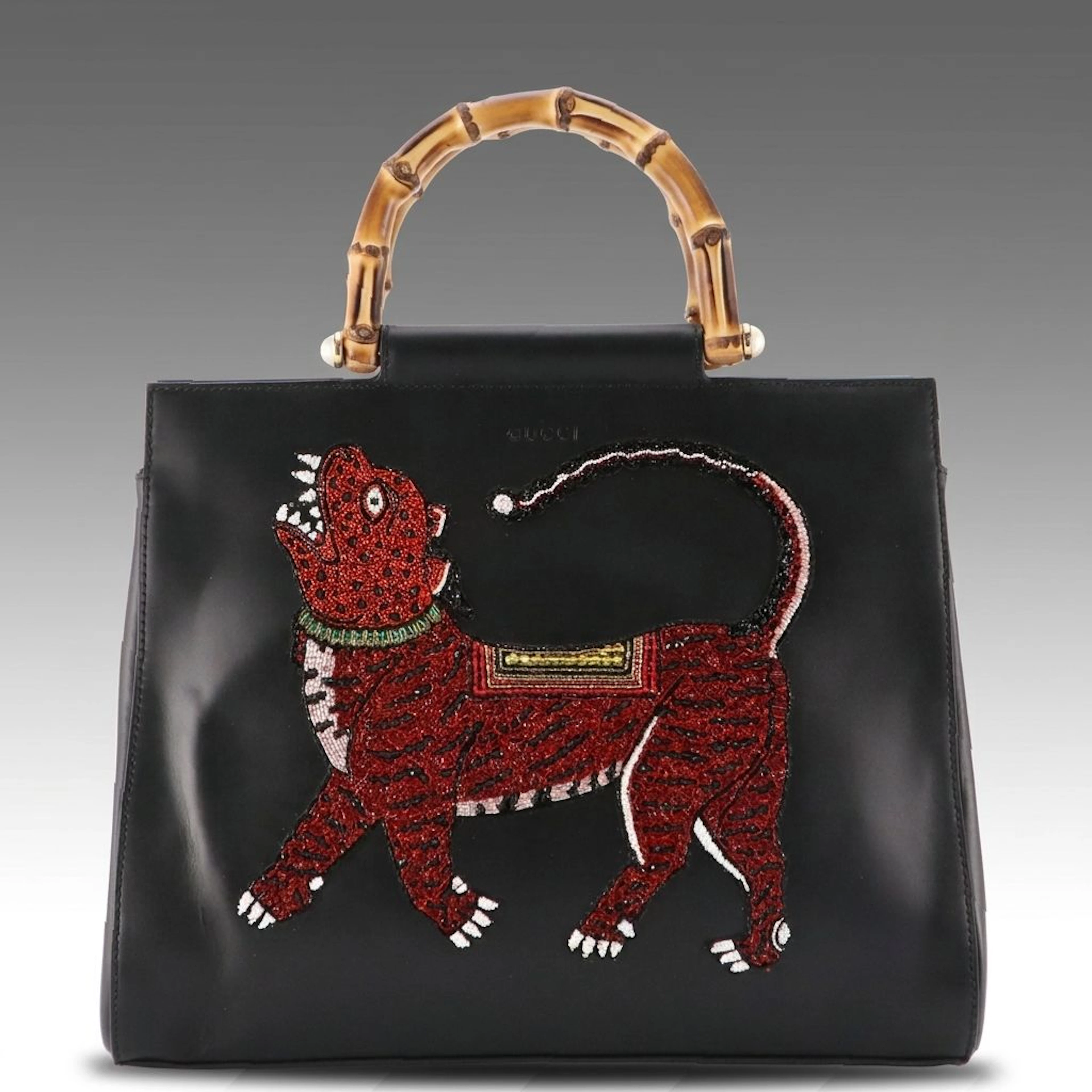 Gucci Nymphaea Beaded Tiger Bamboo Handle Satchel Bag in Black Calfskin Leather