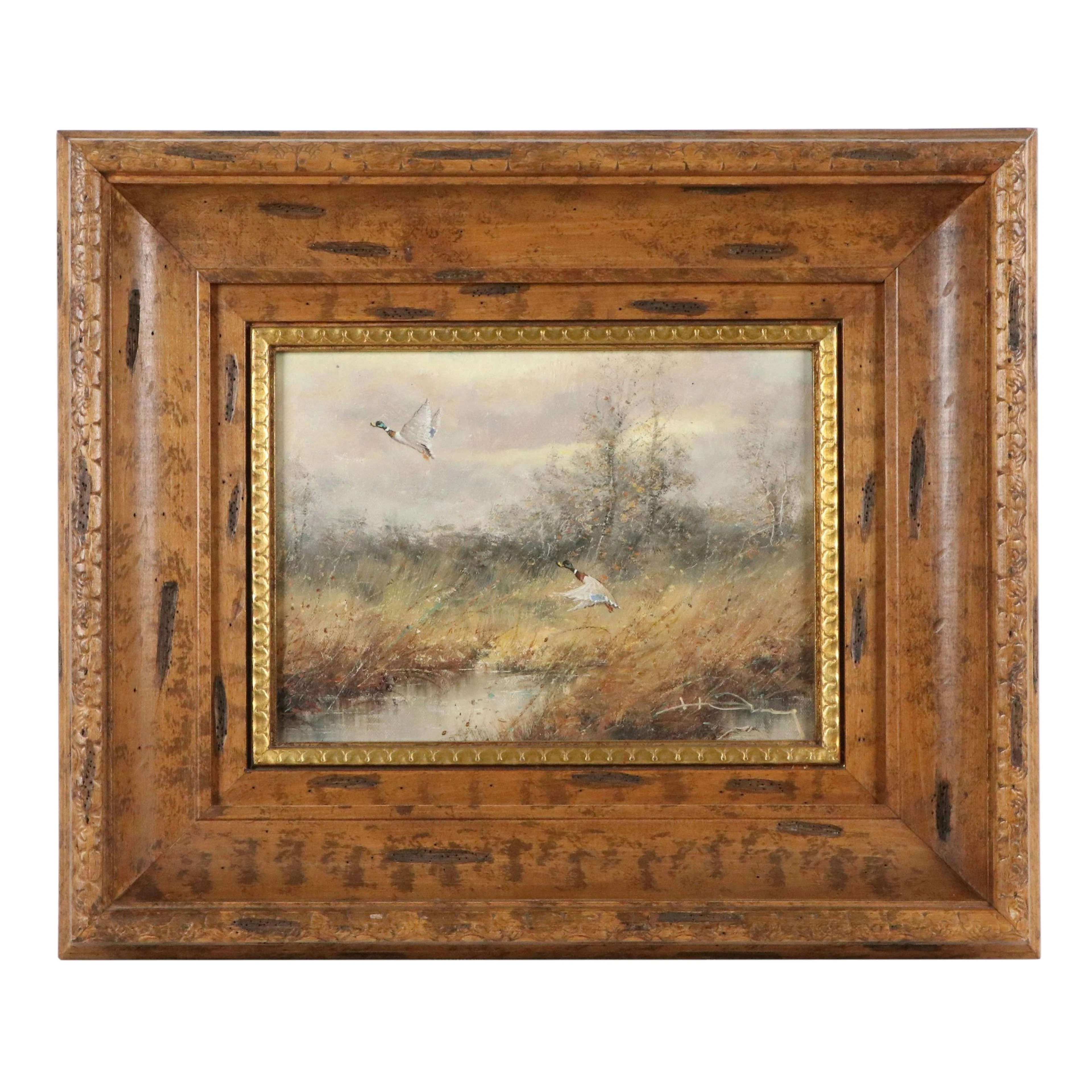 Hans Hansung Landscape Oil Painting of Ducks Taking Flight, Mid to Late 20th C.