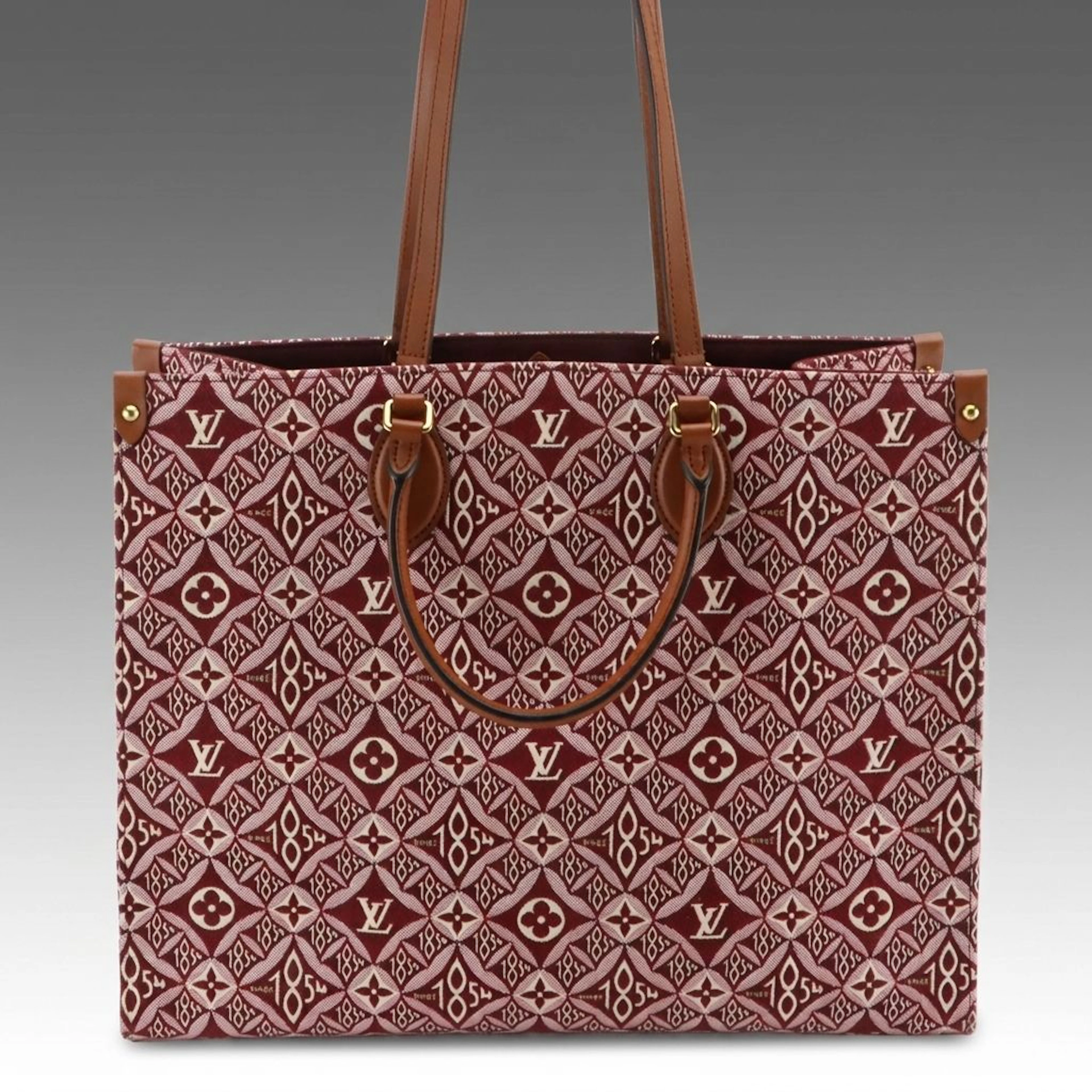 Louis Vuitton OnTheGo GM Tote in Burgundy "Since 1854" Jacquard Canvas