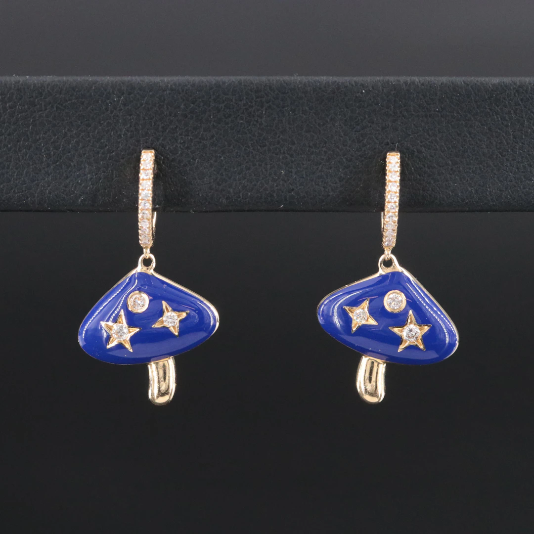 14K 0.17 CTW Diamond and Enamel Mushroom Earrings