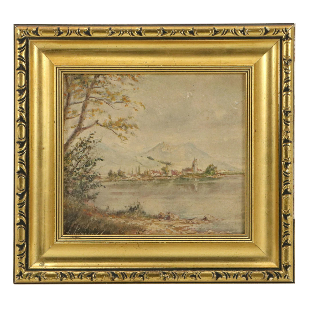 German School Landscape Oil Painting of Lake, 19th to Early 20th Century