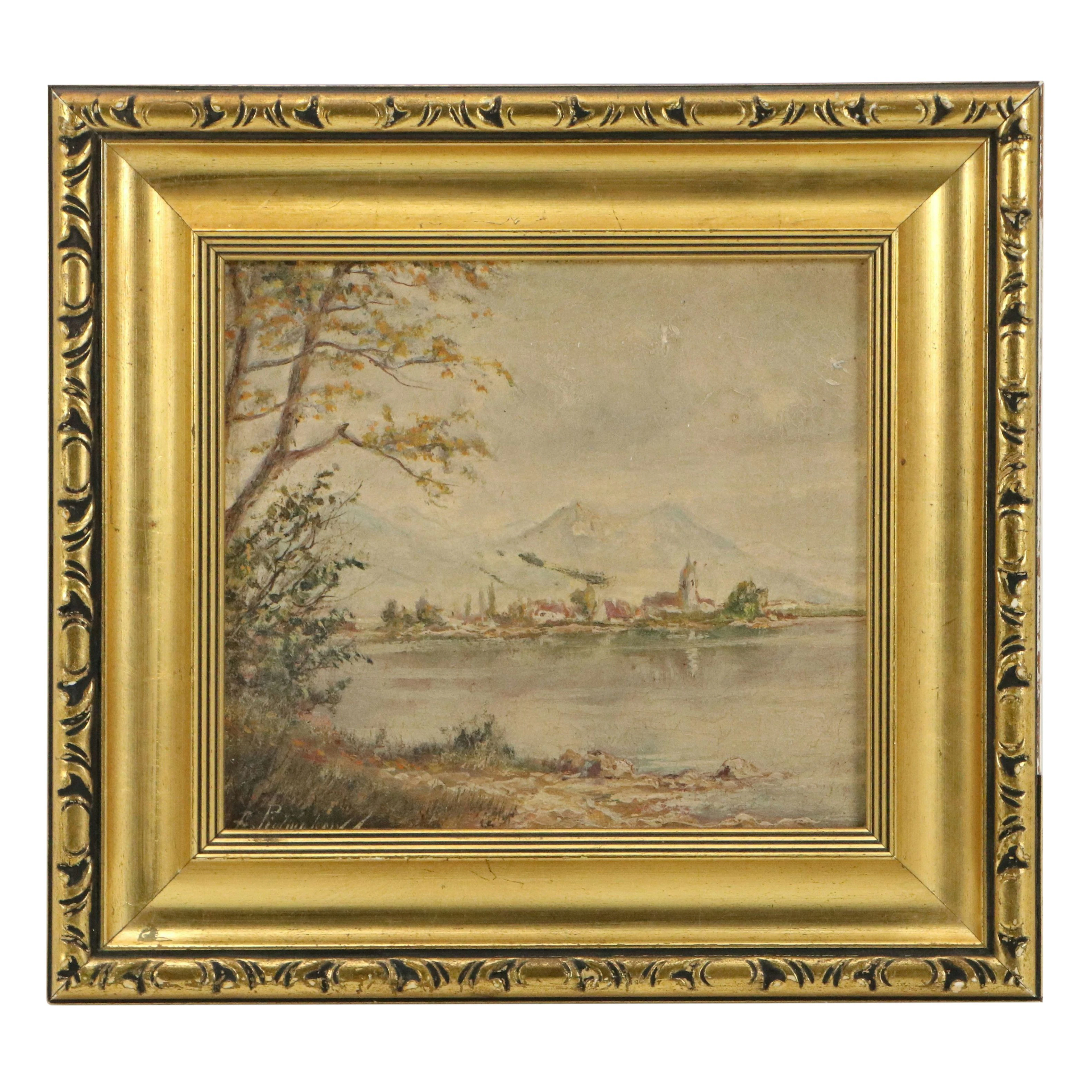 German School Landscape Oil Painting of Lake, 19th to Early 20th Century