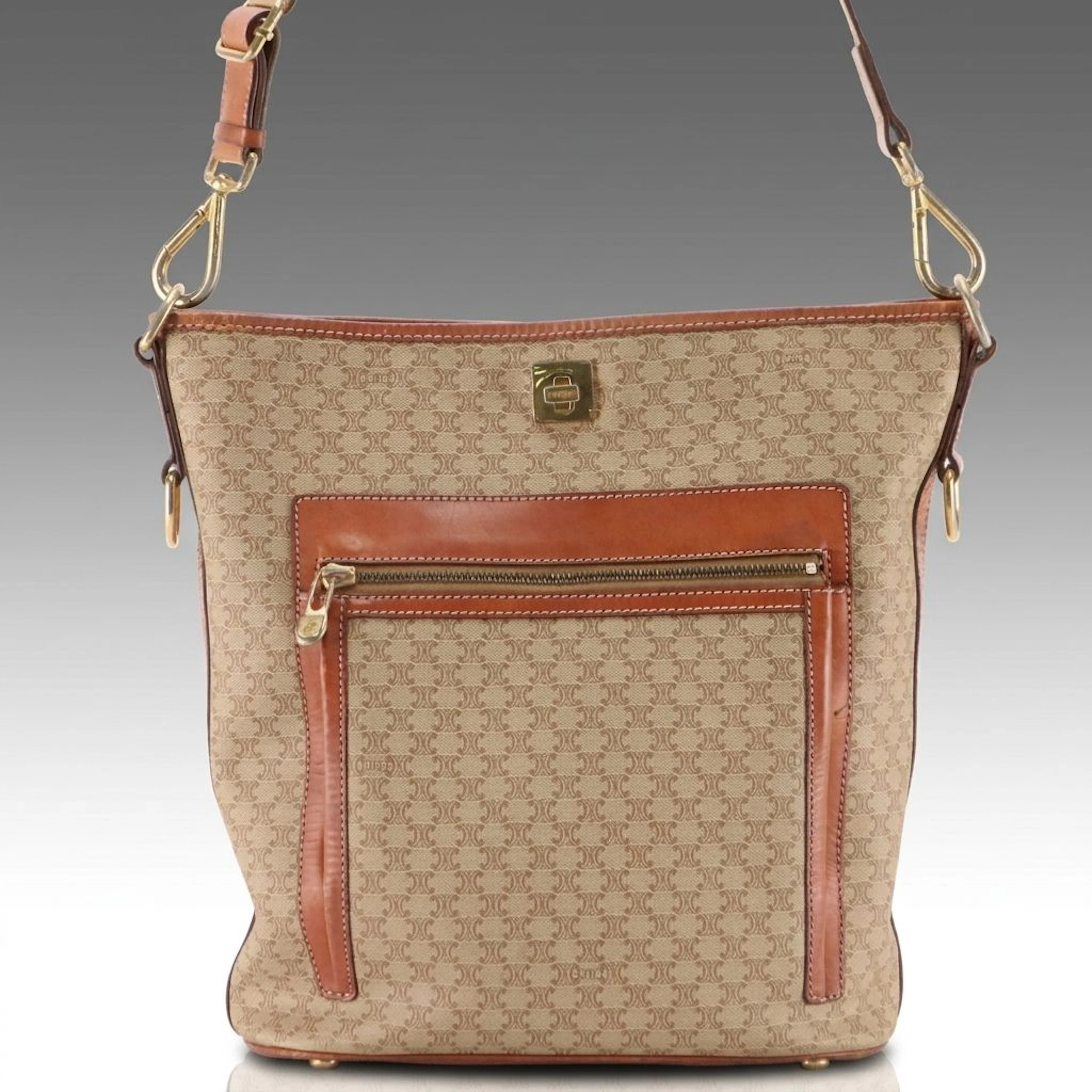 Celine Front Zip Turnlock Tote Bag in Beige Macadam Canvas and Brown Leather
