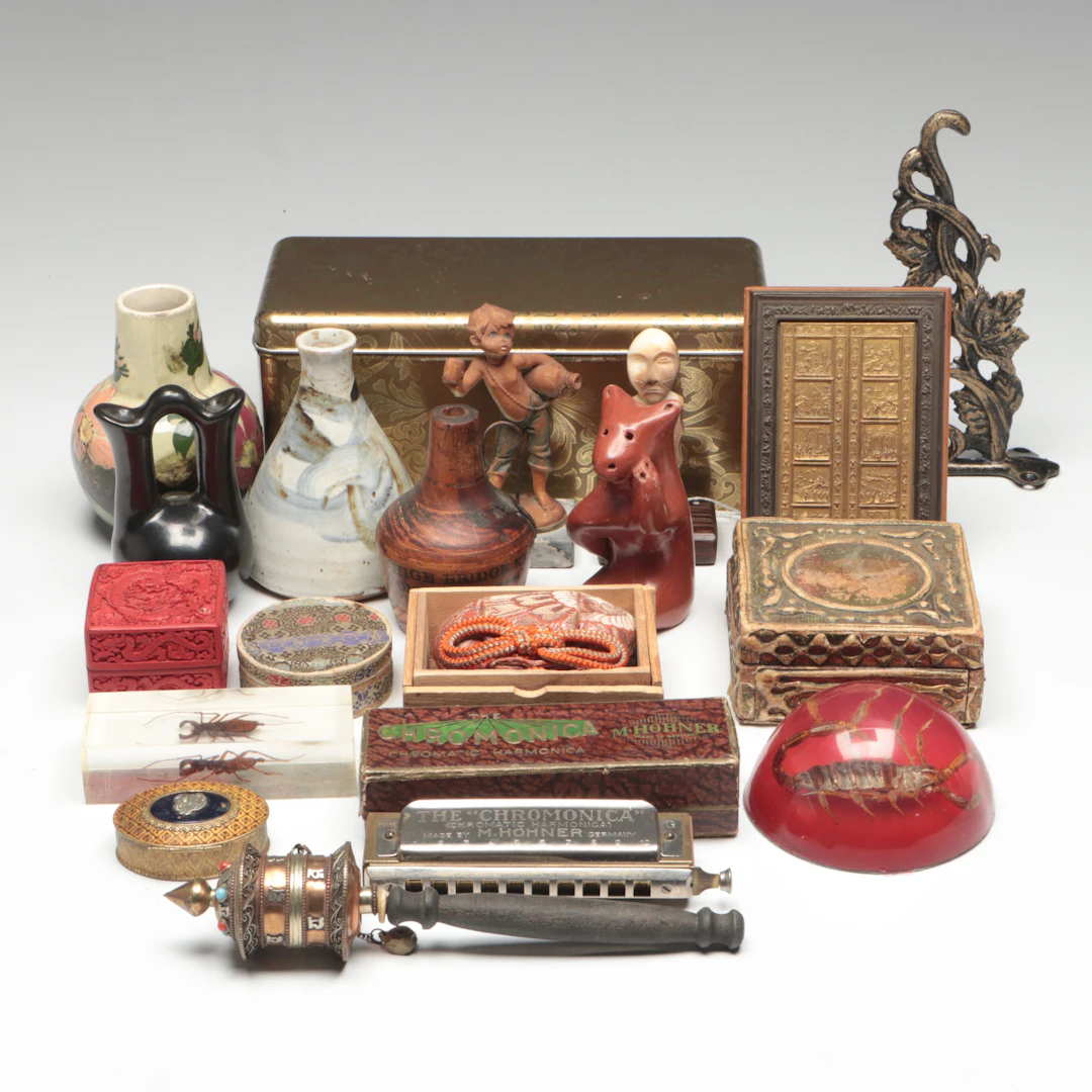 Japanese Shifuku Silk Bag with Assorted Pottery Vessels, Boxes and Others
